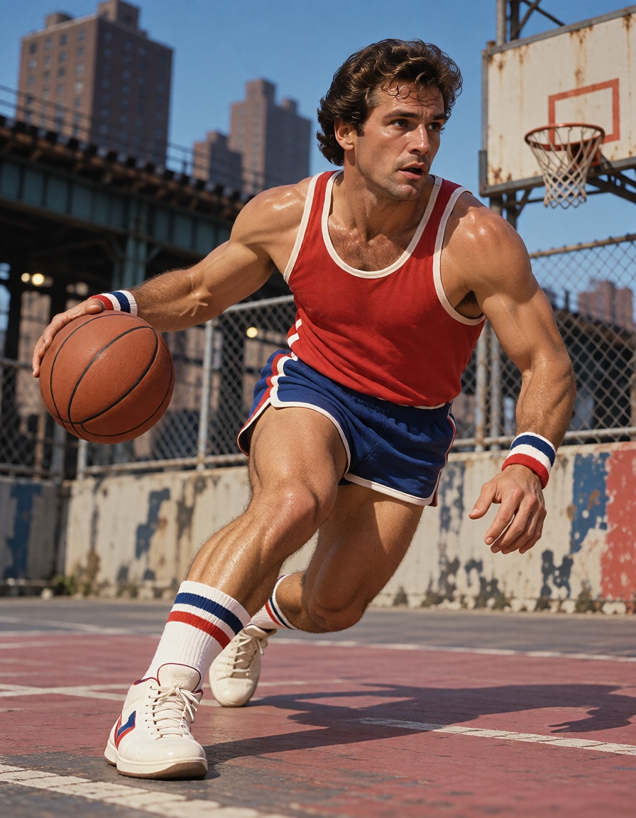 Photograph of a muscular,  white man with curly brown hair playing basketball on an outdoor urban court. He is wearing a r...