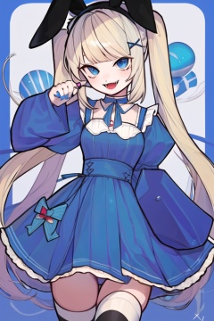 CH, high contrast, 1girl, solo, long hair, looking at viewer, smile, open mouth, bangs, blue eyes, blonde hair, hair ornament, thighhighs, long sleeves, dress, bow, ribbon, holding, animal ears, twintails, jewelry, hairband, frills, food, choker, hairclip, striped, puffy sleeves, nail polish, rabbit ears, fake animal ears, blue dress, fangs, blue background, stuffed toy, stuffed animal, x hair ornament, juliet sleeves, striped thighhighs, blue nails, middle finger