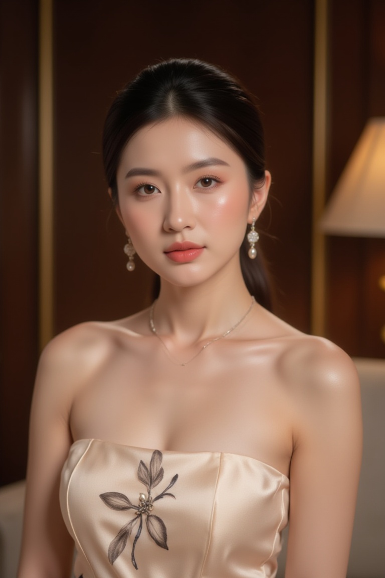 Enhanced Quality,  Marriott Luxury,  creating a UHD portrait of an elegant South Korean businesswoman posing in her lavish...
