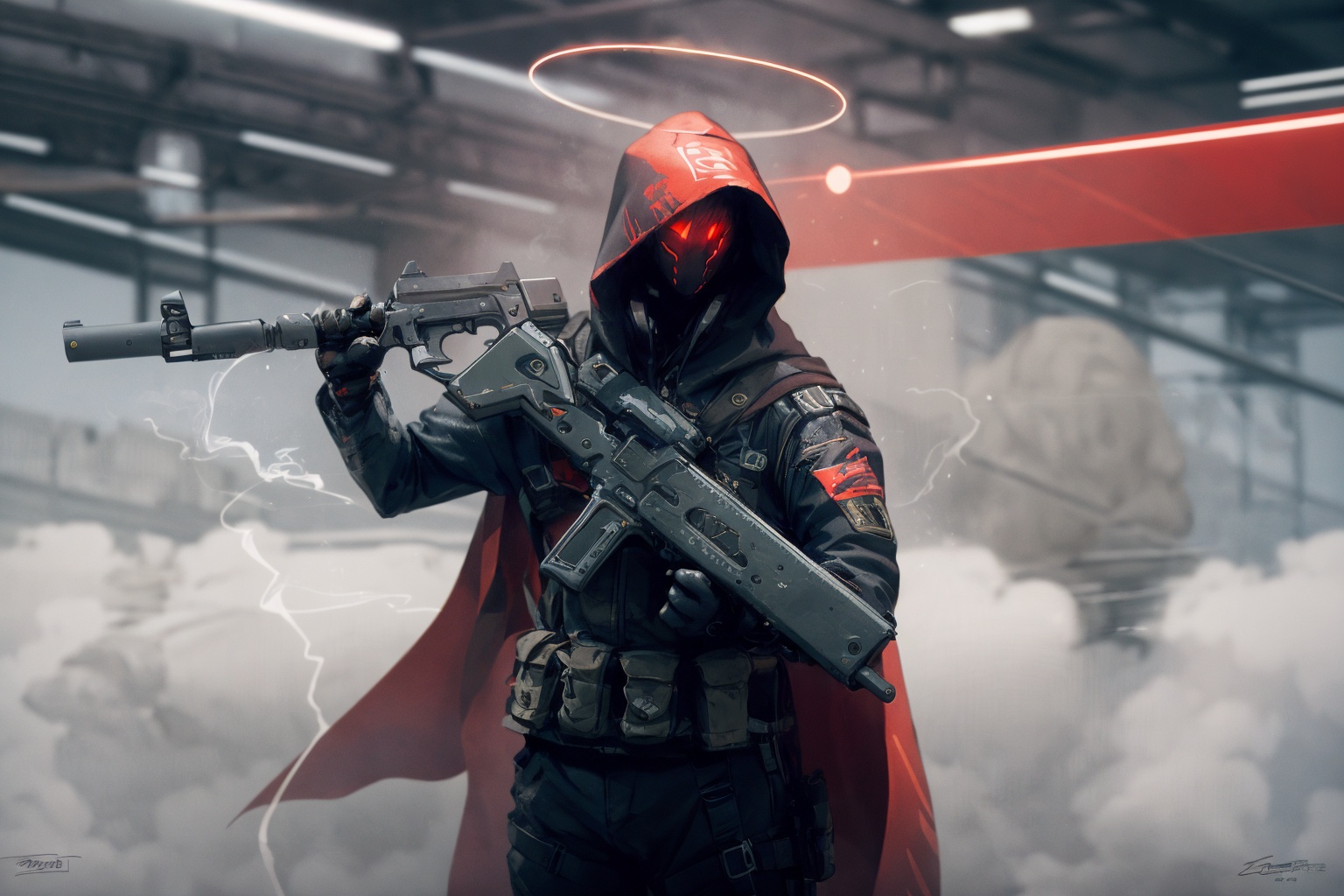 -weapon, gun, solo, 1boy, holding weapon, holding, halo, male focus, holding gun, science fiction, hood, gloves, holster, rifle, handgun, mask, cape, smoke, signature,<lora:Apocalypse Aso_20240119162949:1>,Apocalypse Aso,