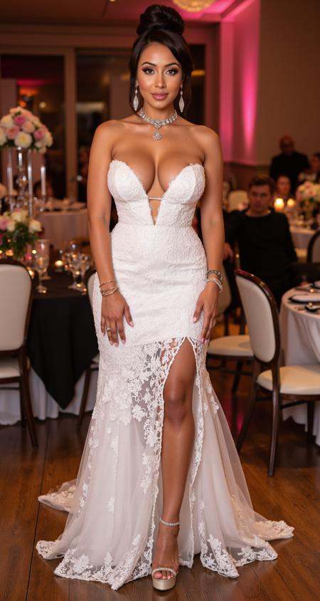 A stunning bride, with a dark skin tone,  confidently poses at her wedding reception in an intricately designed strapless wedding dress with a deep plunging neckline that accentuates her curves, featuring delicate lace, sheer fabric, and elegant embellishments. Her  hair is elegantly pinned up in a bun, with soft tendrils framing her radiant face. Her makeup is flawlessly applied, enhancing her striking eyes and full lips, exuding confidence and allure.  She stands tall in glamorous platform high heels, exuding poise and sensuality. Her flawless makeup enhances her striking features, and sparkling jewelry—dangling earrings, a radiant necklace, and delicate bracelets—adds a hint of luxury. The reception venue glows with warm, ambient lighting, soft candlelight, and floral arrangements, creating a captivating contrast between bridal elegance and alluring confidence as she strikes a bold yet graceful pose, owning the moment with undeniable charm and allure.