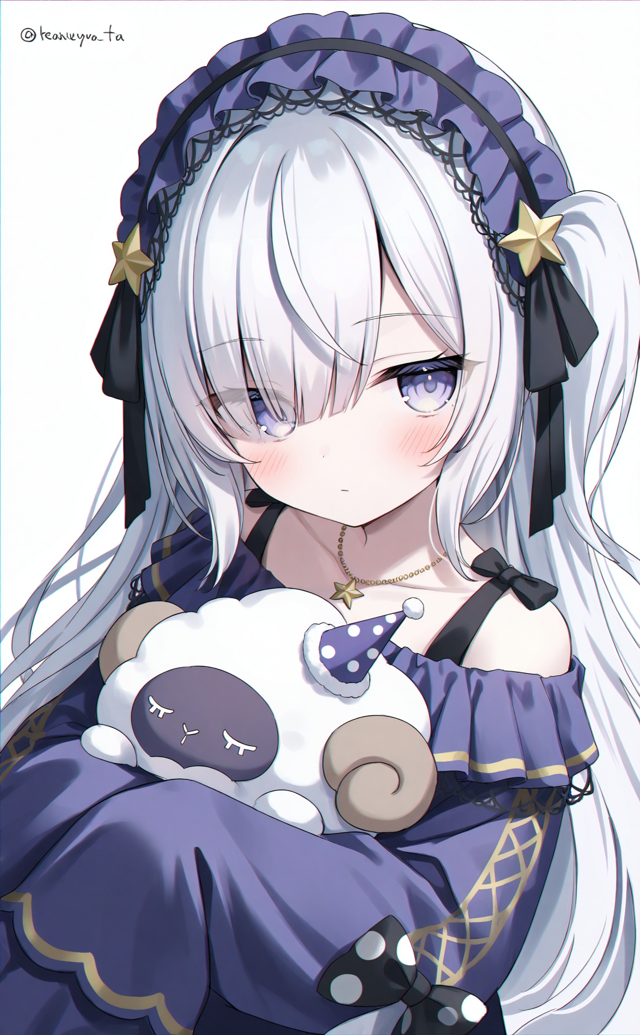 masterpiece,absurdres,best quality,loli,petite,high quality,chromatic_aberration,//,natsume_an-an,1girl,sleeves_past_wrists,solo,star_\(symbol\),long_hair,white_hair,sleeves_past_fingers,bow,hair_ornament,party_hat,twitter_username,ribbon,long_sleeves,lolita_hairband,stuffed_toy,upper_body,black_bow,star_hair_ornament,virtual_youtuber,frilled_hairband,holding,hairband,holding_stuffed_toy,black_ribbon,sheep,hair_over_one_eye,grey_eyes,simple_background,jewelry,necklace,hair_ribbon,long_bangs,stuffed_animal,purple_eyes,closed_mouth,white_eyes,polka_dot,white_background,expressionless,looking_at_viewer,hugging_object,//,//,<lora:natsume_an-an——【noob】hans:0.5>,<lora:guizhencao2——【noob】hans:0.5>,