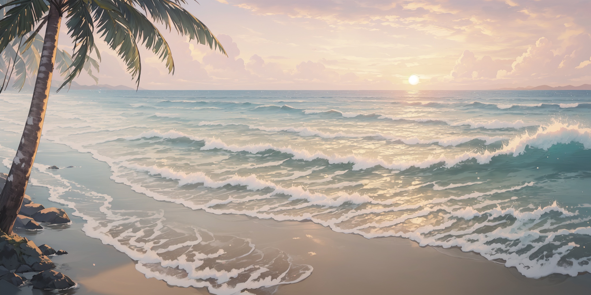 scenery,outdoors,light particles,beautiful detailed sky,beautiful detailed glow,best shadow,panorama,(Beach, Sand, Waves, Sunrise, Palm trees, Seashells, Seagulls, Horizon:1.3),(Tranquil river, Camping, Starlit sky, Campfire, Serenity, Camping gear:1.2),(Waterfall, Tropical foliage, Misty air, Rainforest ecosystem, Serene atmosphere, Cascading water:1.1),(masterpiece, best quality, beautiful and aesthetic:1.3),extremely detailed CG,ultra-detailed,beautiful concept illustration,illustration,extremely fine and beautiful,perfect details,<lora:YOUHUA-000018:1>,oil painting \(medium\),