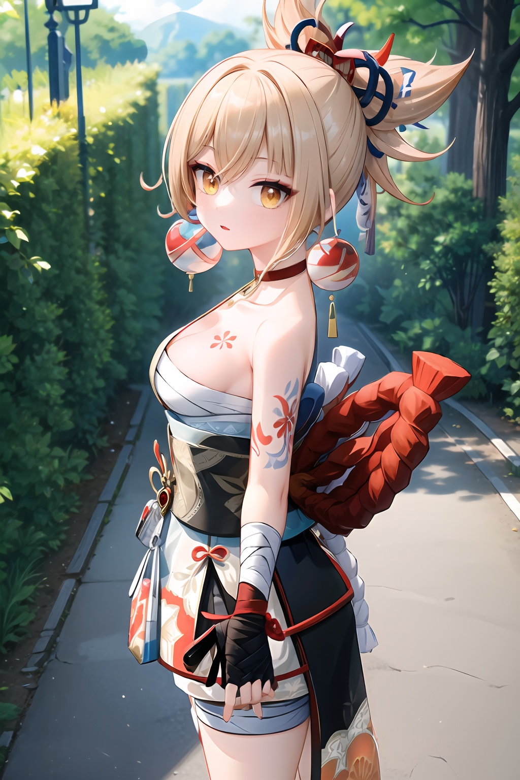 (masterpiece, best quality:1.2),insanely detailed,absurdres,ultra-highres,ultra-detailed,best quality,slender,kawaii,perfect symmetrical face,ultra cute girl,ultra cute face,ultra detailed eyes,ultra cute,ultra beautifu,<lora:Yoimiya-000001:1>,yoimiya \(genshin impact\),hair ornament,hadanugi dousa,yellow eyes,1girl,solo,japanese clothes,kimono,sarashi,bandages,geta,arm tattoo,shimenawa,chest tattoo,sash,red choker,bandaged leg,rope,pouch,bandaged arm,breasts,jewelry,kinchaku,single glove,hair ribbon,asymmetrical legwear,outdoors,standing,nature,