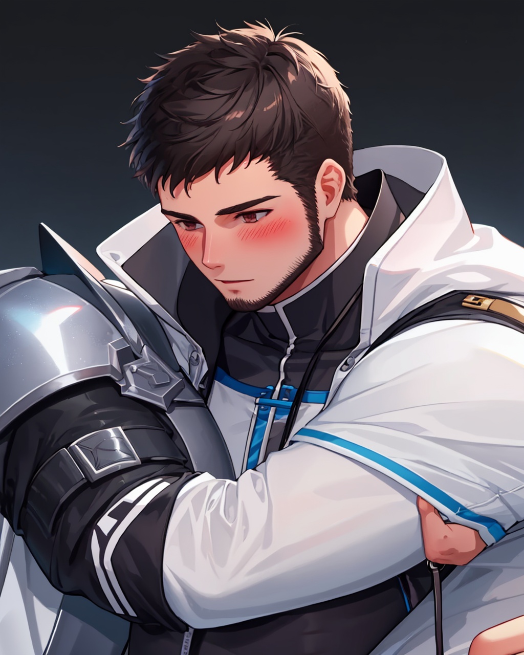 masterpiece,best quality, highly detailed, male priest (dungeon and fighter),beard, bara, mature male, muscular male, blush, 2boys, yaoi, upper body, large pectorals, hug, bodysuit, armor,<lora:male_priest_(dungeon_and_fighter):1>