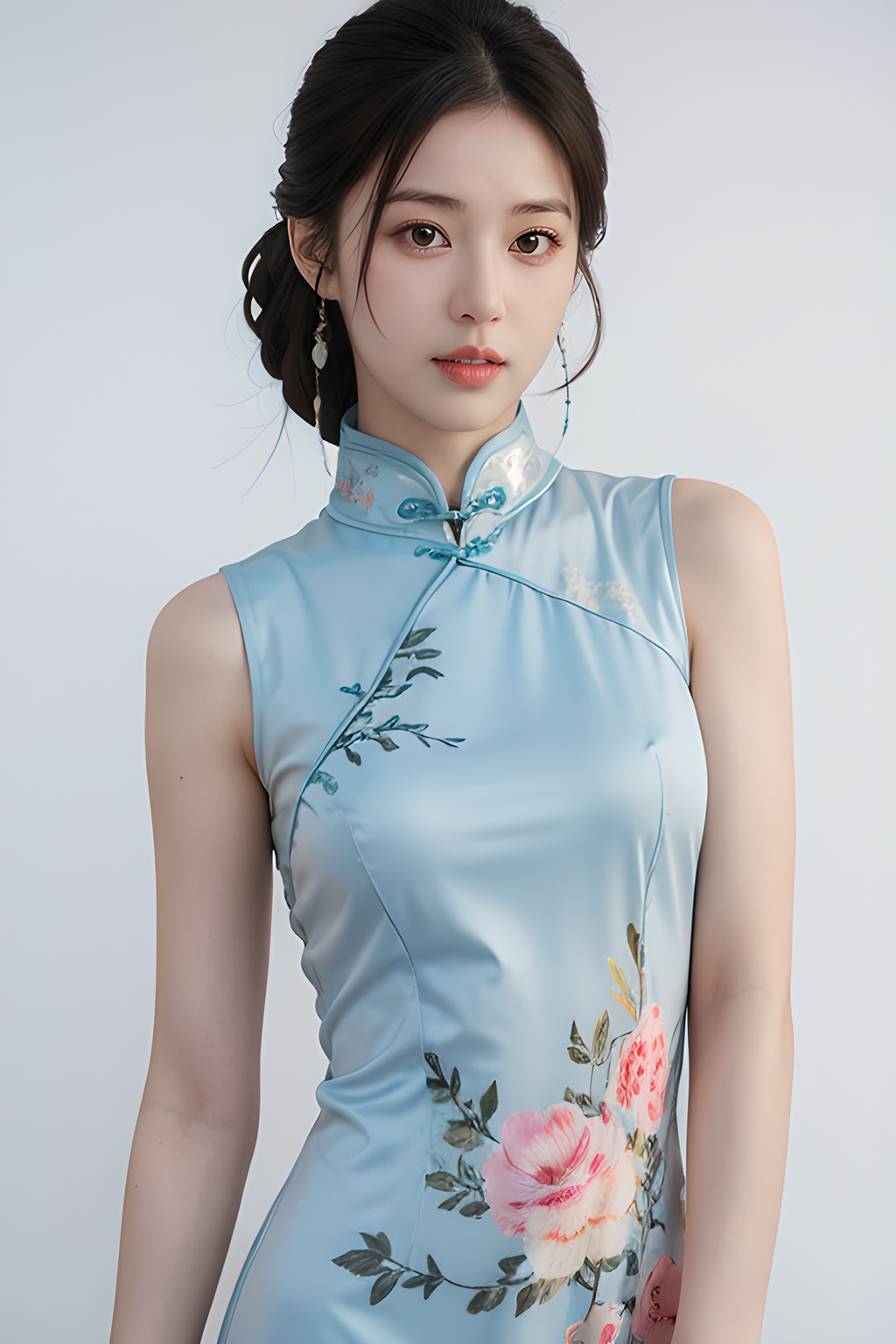 <lora:0808_01:0.7>,simple background,print_cheongsam,, 1girl,realistic,masterpiece, best quality, photorealistic, HDR,detail, 1girl,best quality, masterpiece, detailed,