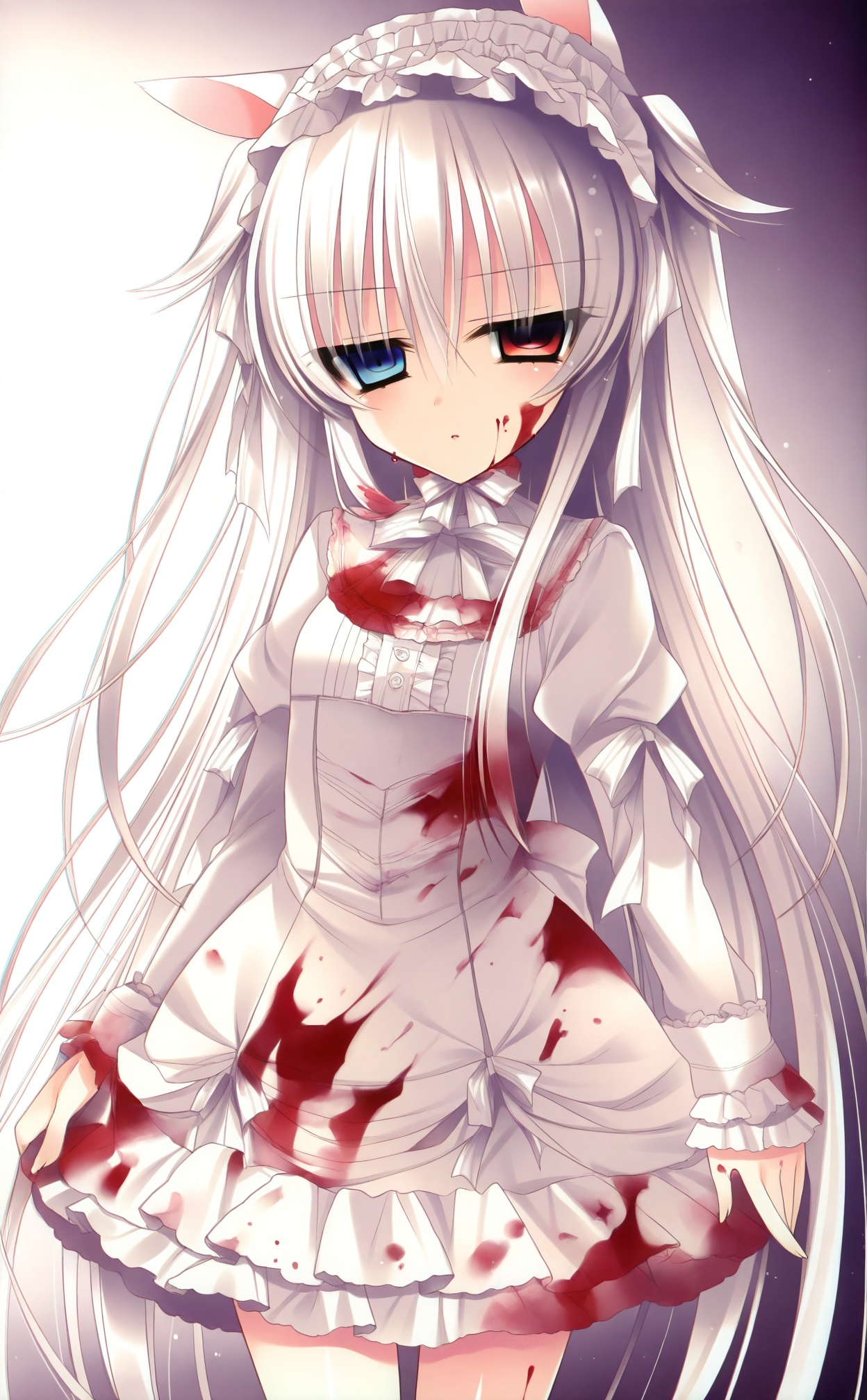 masterpiece,absurdres,best quality,((petite)),loli,high quality,chromatic_aberration,shiny_skin,//,1girl, heterochromia, long_hair, solo, blood, white_hair, animal_ears, blue_eyes, lolita_fashion, red_eyes, dress, blood_on_clothes, blood_on_face, gothic_lolita, headdress, lolita_hairband, hairband, very_long_hair, looking_at_viewer, two_side_up, cat_ears, jitome//,<lora:月影ネム——【CKXL】hans:1>,