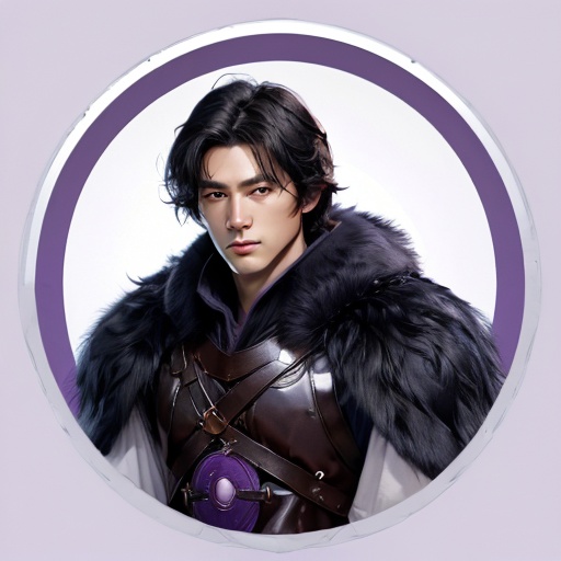 <lora:circle background:1>,(circle background:1.5),1boy,solo,male focus,cape,armor,black hair,belt,purple cape,upper body,realistic,fur trim,brown eyes,looking at viewer,white background,