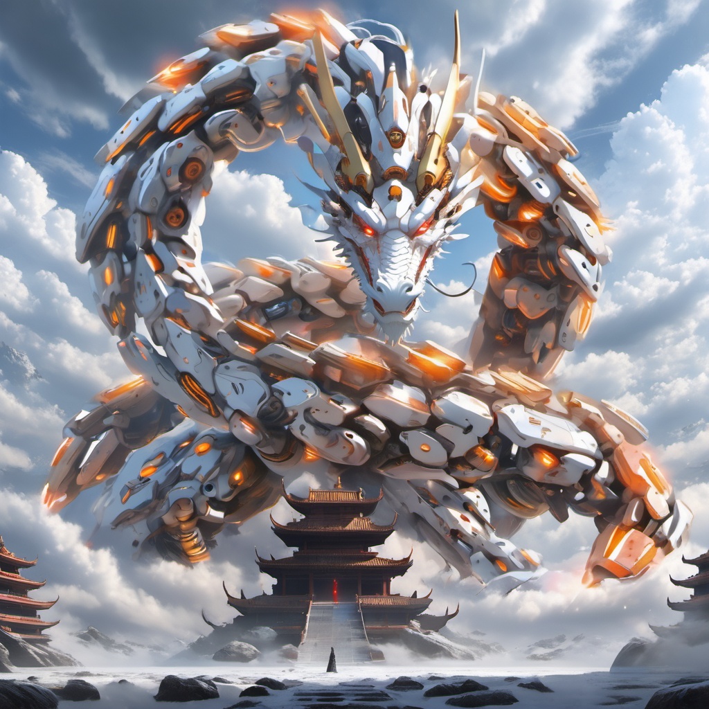 8k,High quality,high quality,morning sunshine,glowing body,mechanical joint,orange led light,high detailed mecha,high-precision mecha,mecha,exoskeleton mechanical armor,red eyes,outdoors,horns,sky,growing joint,day,cloud,blue sky,no humans,glowing,cloudy sky,scenery,eastern dragon,pagoda,building,flying,jet device,high detailed,white mecha,HD,black joint,<lora:mecha_loong_xl_v1:0.6>,a mecha dragon,
