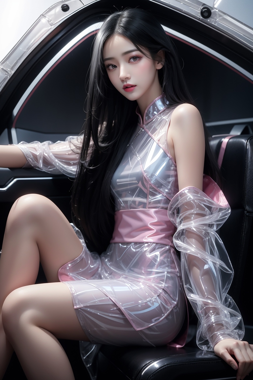 masterpiece,  best quality,  Best picture quality,  best quality,  official art,  (extremely detailed CG unity 8k wallpaper:1.2),  (ultra high resolution:1.1),  (photo:1.3),  Cinematic lighting,  (fidelity :1.3),  real,  (masterpiece:1.0),  (best quality:1.0),  (film grain:1.2),  professional lighting,  radiosity,  golden proportions,  wide shoulders,  (Kpop idol:1.1),  detailed beautiflul skin,  detailed skin-texture,  looking at viewer,  (perfect hands), (detailed beautiflul face:1.2),  PureErosFace_v1,  solo,  lily_\(flower\),  Sci-fi setting,  starship cabin,  space flight deck1girl\((bishoujo),  (pure black hair:1.5),  (black eyes:1.5),  (small breast:1.6),  (straight_hair:1.4),  long_hair,  (very_long_hair:1.5),  anime_hair,  slim,  (hairless:1.2),  sharp_eyelid,  eyeliner,  eyelashes,  eyeshadow,  mature female,  (perfect detailed face),  (pink lipgloss:1.3),  long legs\), black Ultra-thin transparent,  (silver Ultra-thin transparent mech:1.3),  (all black color scheme:1.4),  (conservative ancient style hanfu:1.2),  (mecha),  smile,  The clothes have a lot of thin glowing threads,  sense of the future, sitting,  (sitting_down:1.5),  side,  ,<lora:EMS-24694-EMS:0.400000>,<lora:EMS-2774-EMS:0.400000>,<lora:EMS-7720-EMS:-0.800000>