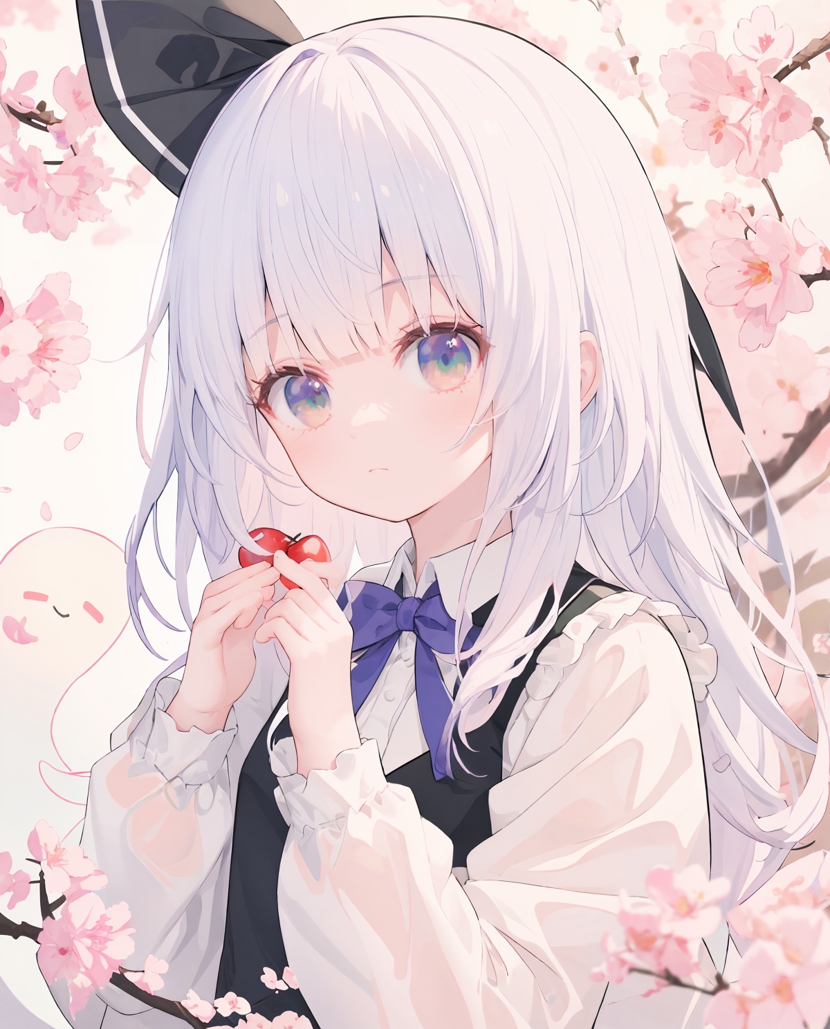 masterpiece, best quality, highres,(child),1girl, konpaku youmu, solo, short hair, bow, bowtie, shirt, konpaku youmu \(ghost\), short sleeves, cherry blossoms, vest, upper body, white shirt, hairband, green vest, black bow, black hairband, black bowtie, looking at viewer, green eyes, white hair, bangs, closed mouth, ribbon, branch, flower, hair ribbon, collared shirt, hitodama, black ribbon, hand up, petals, puffy short sleeves, puffy sleeves, breasts, pink flower<lora:云雀art_v1:1>