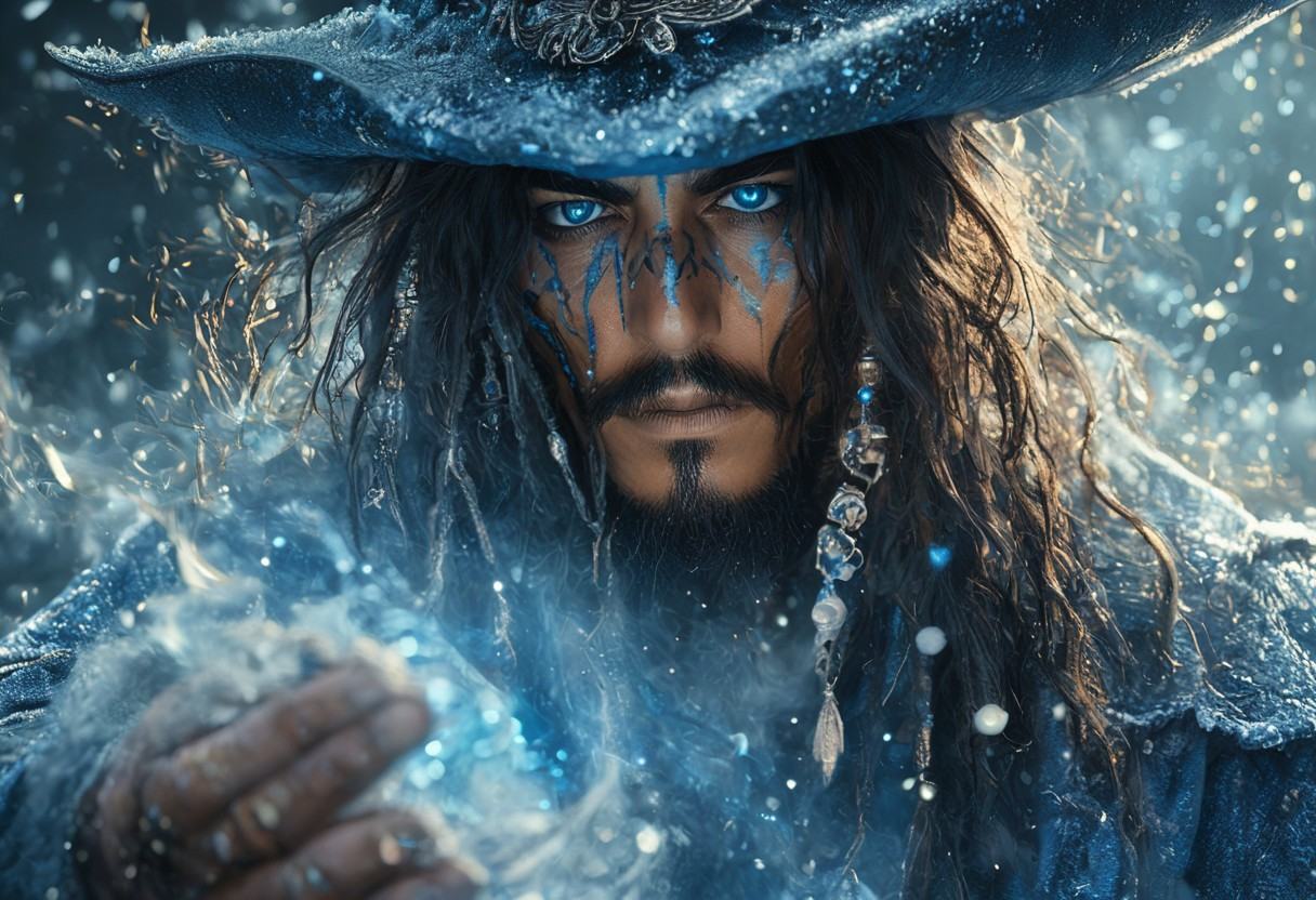 an ultra realistic close up action shot photograph of pirate Jack Sparrow with long black hair and moustache wearing blue...