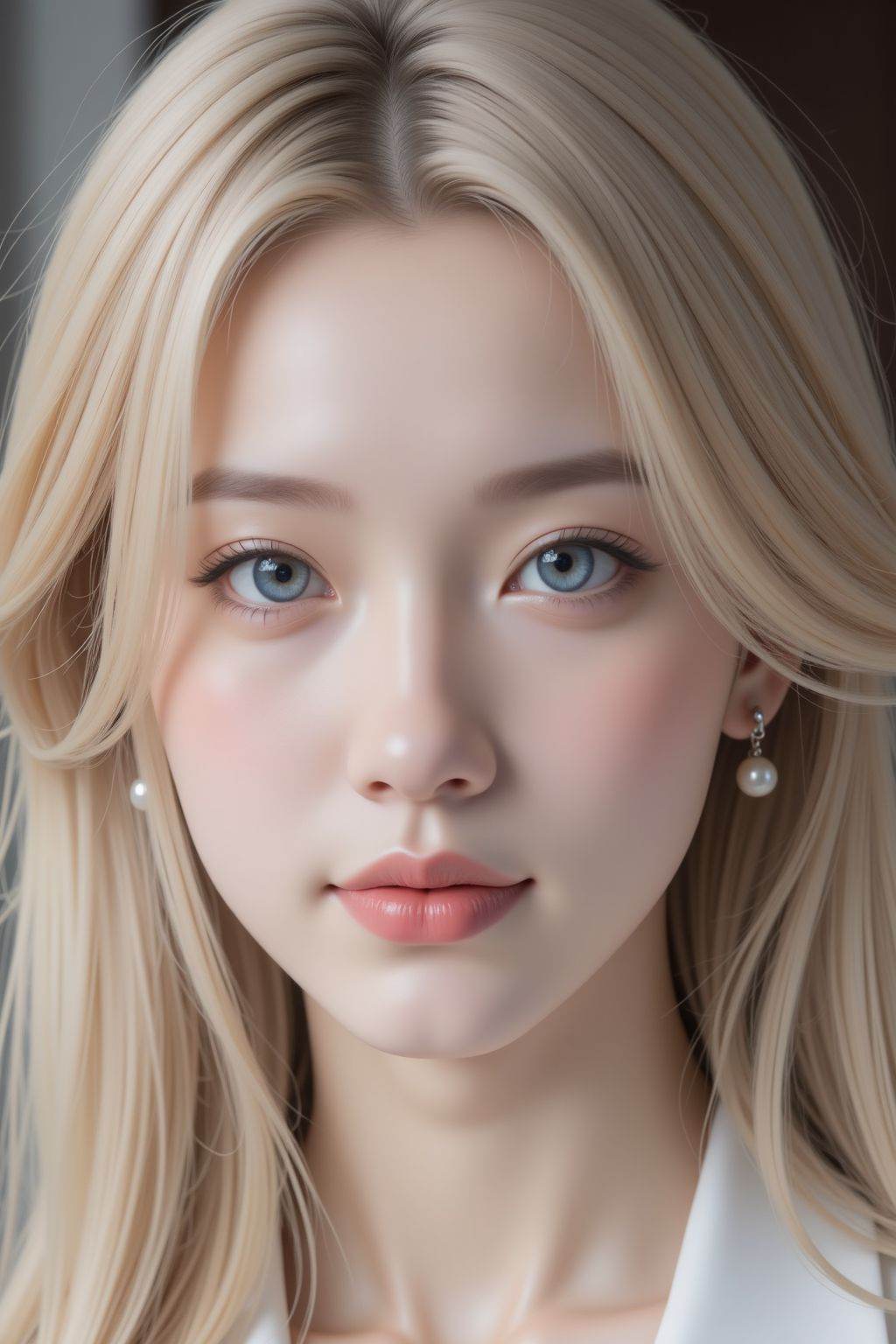 The image depicts a close-up of a young woman with long, flowing blonde hair. Her skin is smooth and fair, with a subtle blush on her cheeks. She has striking blue eyes that are accentuated by well-defined eyelashes. Her lips are slightly parted, revealing a soft pink color. She is wearing a white garment, and her ears are adorned with small, round earrings. The background is blurred, focusing attention on her face and upper body.,