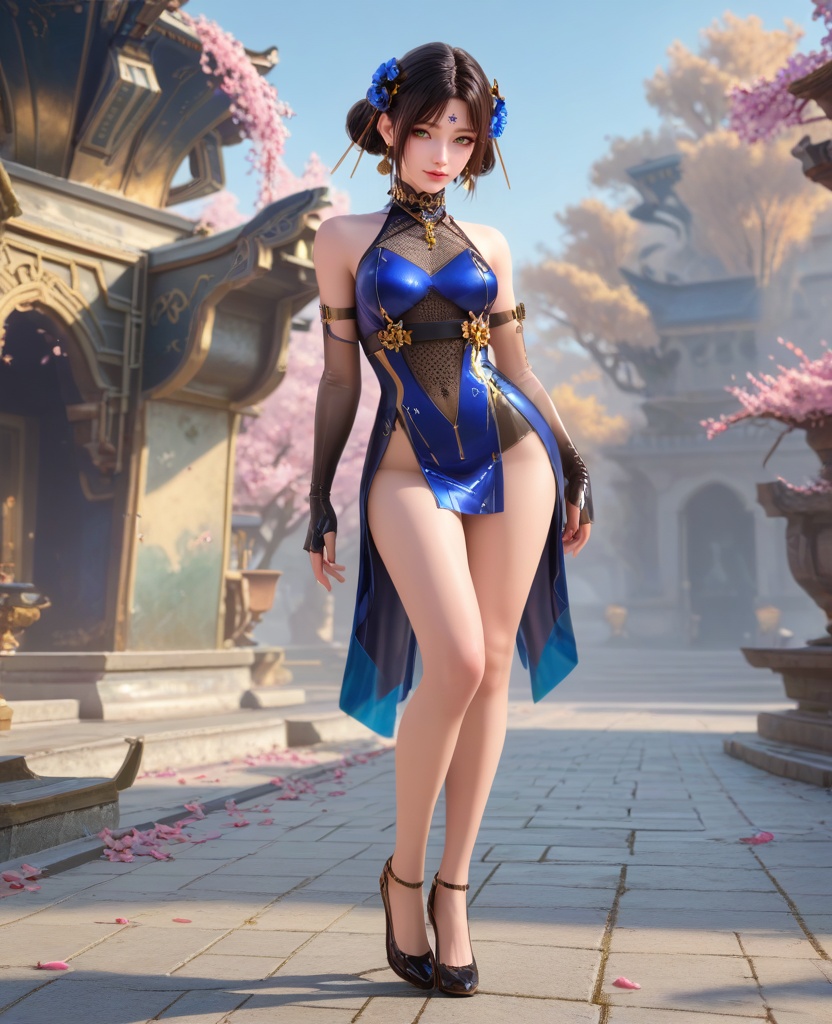 (oriental architecture, elegant decor, sophisticated style:1.1),(arm at side:1.1),(breasts:1.2),<lora:XL16穿越火线步练师保卫者:0.95>,miss bulianshi,blue short dress paired with black lining,mesh top,green eyes,forehead mark,black hair,double hair buns,hair ornament,elbow gloves,armlet,earrings,necklace,belt,black high heels,, score_9,score_8_up,score_7_up,score_6_up,score_5_up,score_4_up,3d rendering,tag1,tag2, Cinematic Lighting,backlighting,, zPDXL3, zPDXL2,zPDXL, zPDXLxxx, zPDXLrl,