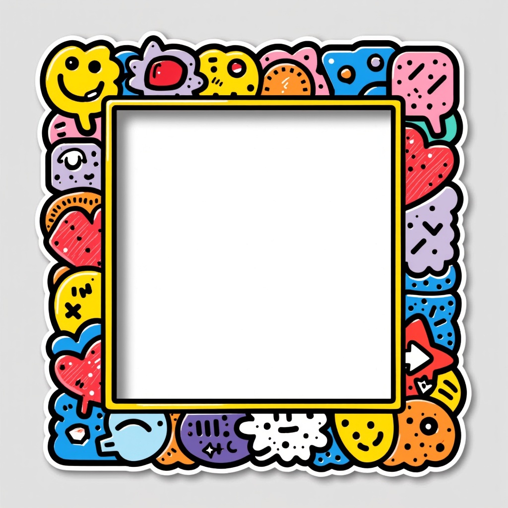 a close up of a picture frame with a lot of stickers on it,template sheet,glowforge template,unused sticker sheet,sticker sheet,template layout,keith haring style,square sticker,in style of lisa frank,graphic templates,symmetrical sticker design,sticker art,stickers,puffy sticker,rave background,planner stickers,sticker - art,graphic design background,sticker - svg,graffiti background,decora inspired,style of takashi murakami,card template,svg sticker art,cardstock,white frame border,card back template,sterile background,die cut sticker,sticker concept design,speech bubbles,layout frame,pop art patterns,