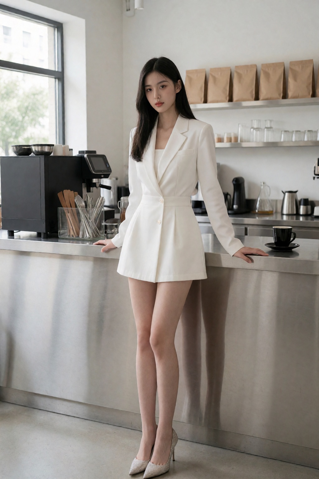 在这家现代简约的咖啡馆里,  一位身材纤细、肤色白皙、一头乌黑直发的女士自信地站在光滑的不锈钢吧台前。她身着一件别致的白色短裙,  衬托出她娇小的身形 on Tensor.Art