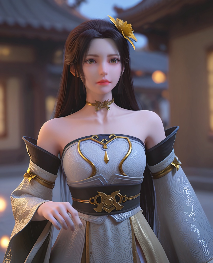 (oriental architecture, elegant decor, sophisticated style:1.1),leaning against the wall,(breasts:1.2),<lora:XL完美世界十六公主:0.95>,princess sixteen,solo,strapless dress,detached sleeves,wide sleeves,brown eyes,black hair,long hair,yellow hair flower,yellow heart choker,bare shoulders,sidelocks,lips,sash,white overskirt,pelvic curtain,, zPDXL2, score_9, score_8_up, score_7_up BREAK realistic, masterpiece,best quality, highly detailed,, zPDXL3, zPDXL2,zPDXL, zPDXLxxx, zPDXLrl,