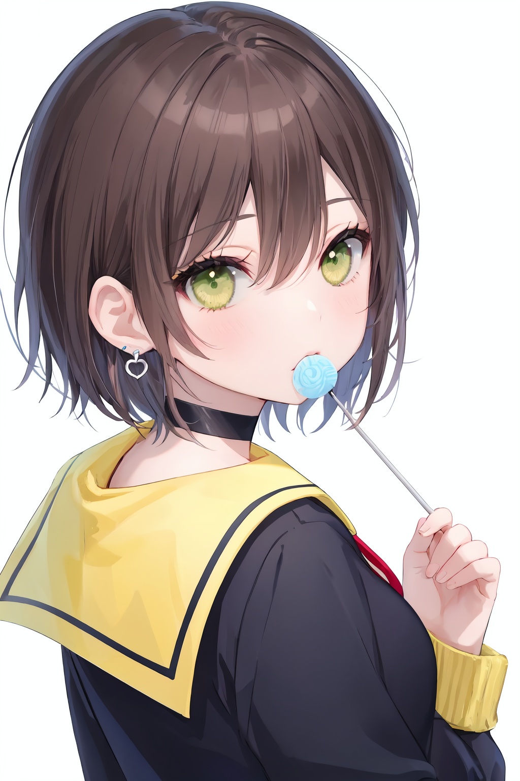 1girl, solo, green eyes, food, candy, lollipop, looking at viewer, choker, white background, blue sailor collar, sailor collar, short hair, upper body, brown hair, bangs, looking back, black choker, school uniform, hair between eyes, serafuku, shirt, letterboxed, jacket, white shirt, simple background, yellow jacket, earrings, long sleeves, bright eyes, clear eyes, mi-style