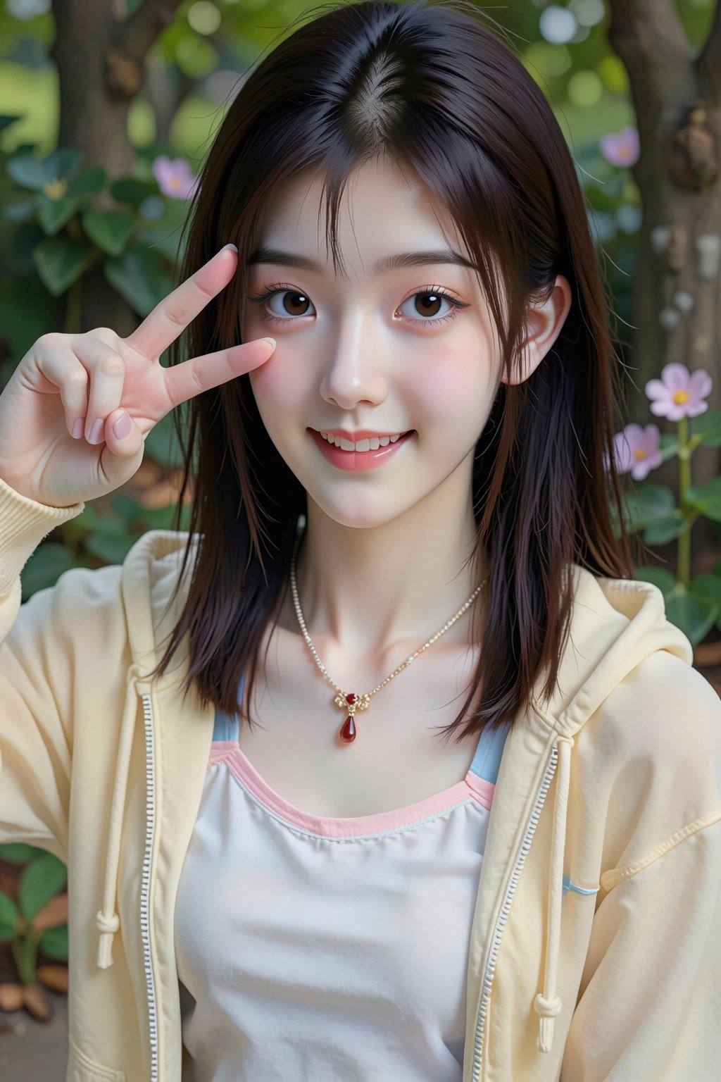 A young East Asian woman with fair skin,  a small nose,  and full lips is positioned in the center of the frame. She has s...