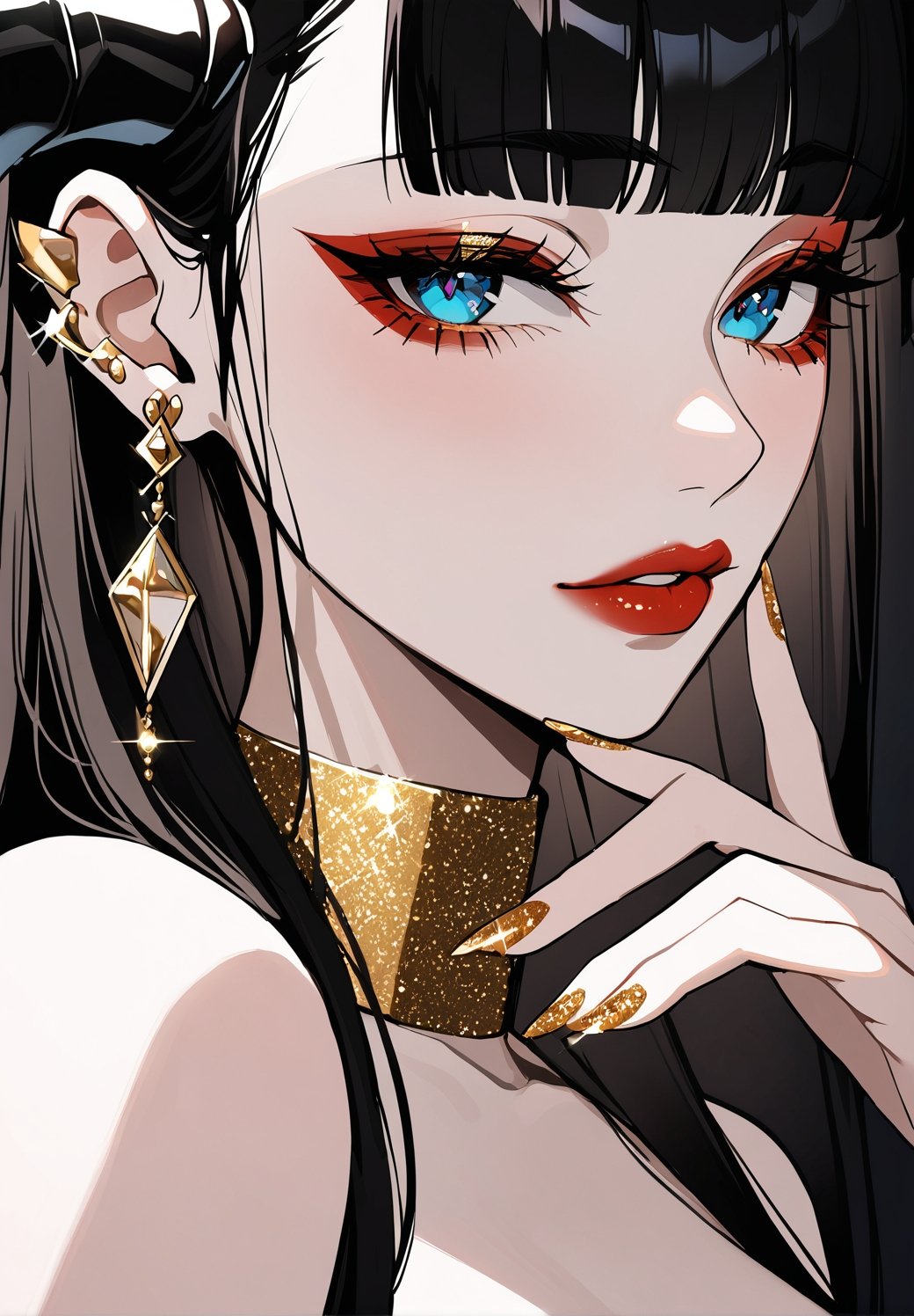 1girl,solo,looking at viewer,blue eyes,black hair,large breasts,mature female,jewelry,earrings,eyelashes,sparkle,makeup,portrait,lipstick,close-up,eyeshadow,red lips,eye focus,glitter,fingernails,long hair,black collar,hand up,red eyeshadow,bare shoulders,gold collar,nail polish,collar,close-up,black horns,upper body,smeared lipstick,curled horns,blunt bangs,multiple earrings,dragon horns,nose,straight hair,lips,hair over eyes,lipgloss,parted lips,nostrils,glitter makeup,masterpiece,newest,absurdres,sensitive,very aesthetic,<lora:fashigirl-v2-sdxl-7ep:0.65>,