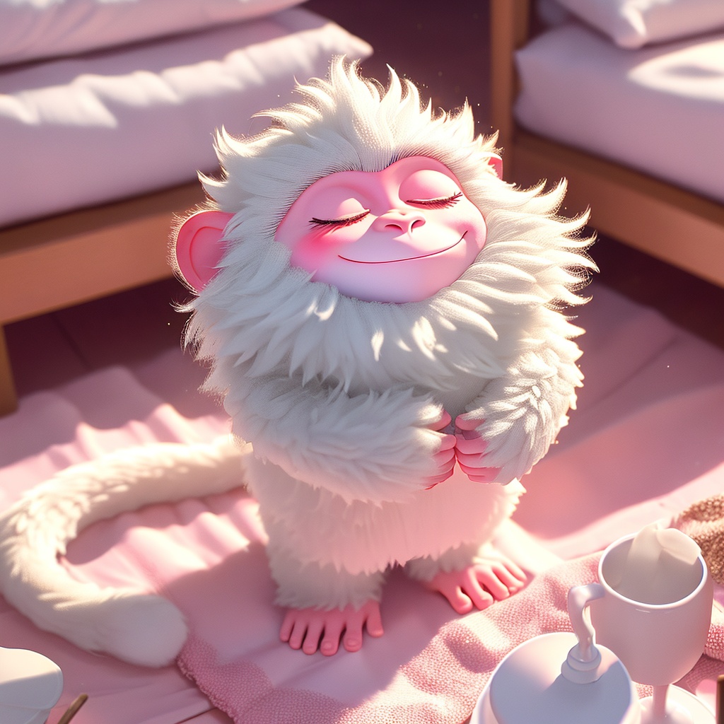 shenhou,monkey,fluffy,sunlight,light particles,whiskers,cute,cc-color-correction,mf-movie-filter,warm colors,whimsy and dramatic lighting,white fur,soft lighting,monkey focus,no humans,closed eyes,blurry,closed mouth,indoors,sleeping,smile,sitting,full body,pillow,cup,<lora:shenhou_v1:0.8>,