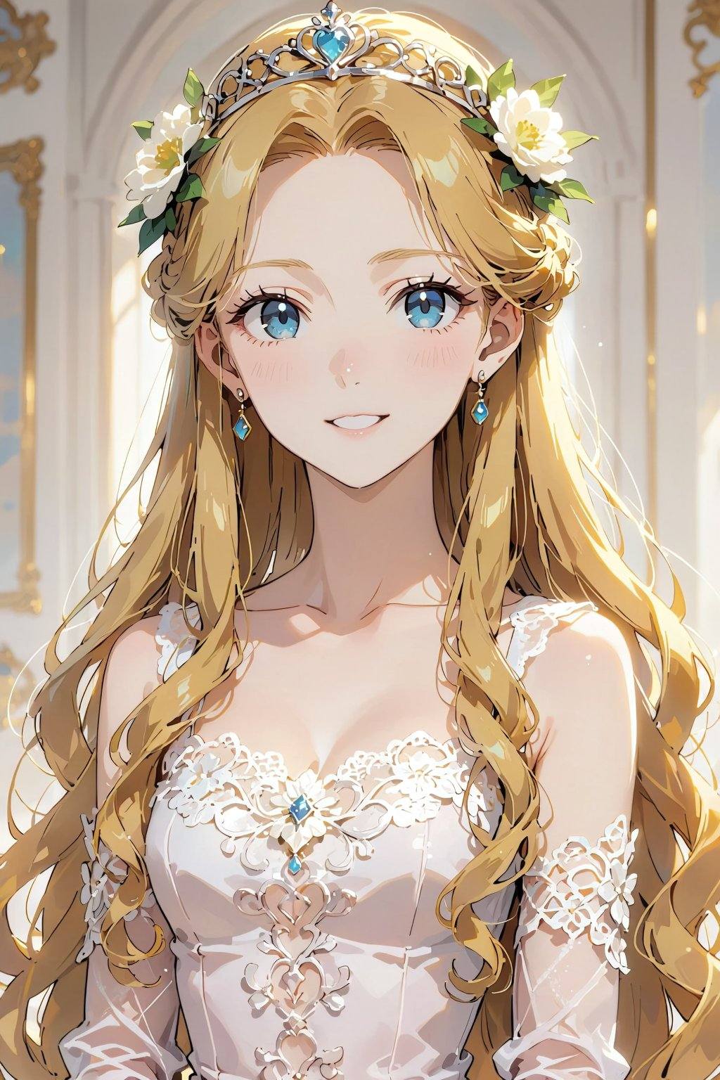 Anime,  Princess with long,  wavy golden hair that falls gently over her shoulders. Her blue eyes shine with a warm by 天TI...