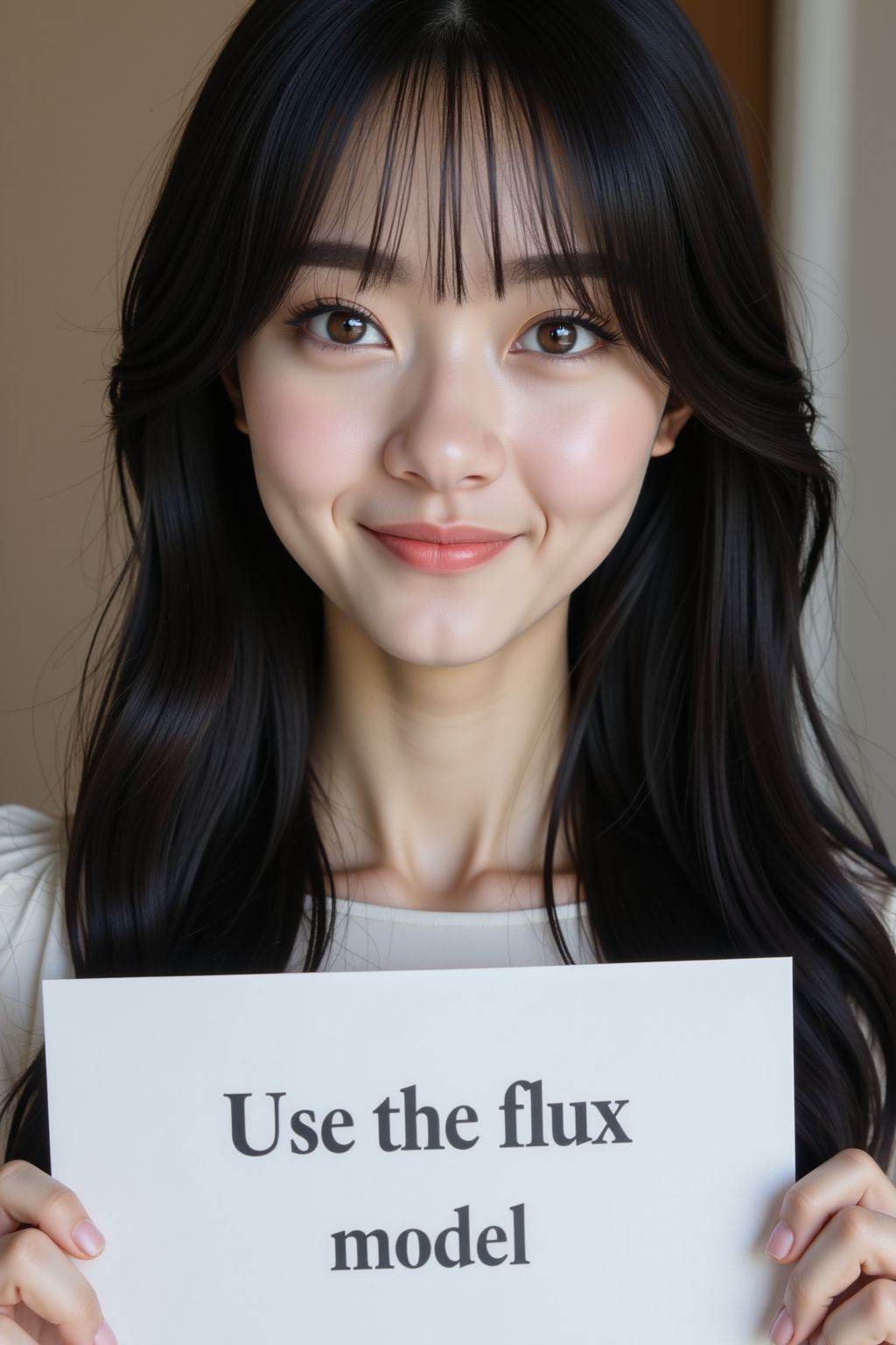 <lora:20251203_TinFlux1AgeSliderLora:1>, instagram photo, closeup face photo of young girl, brown eyes, pale skin, smirk, black long straight hair, boatneck dress, holding a sign with text "Use the flux model",