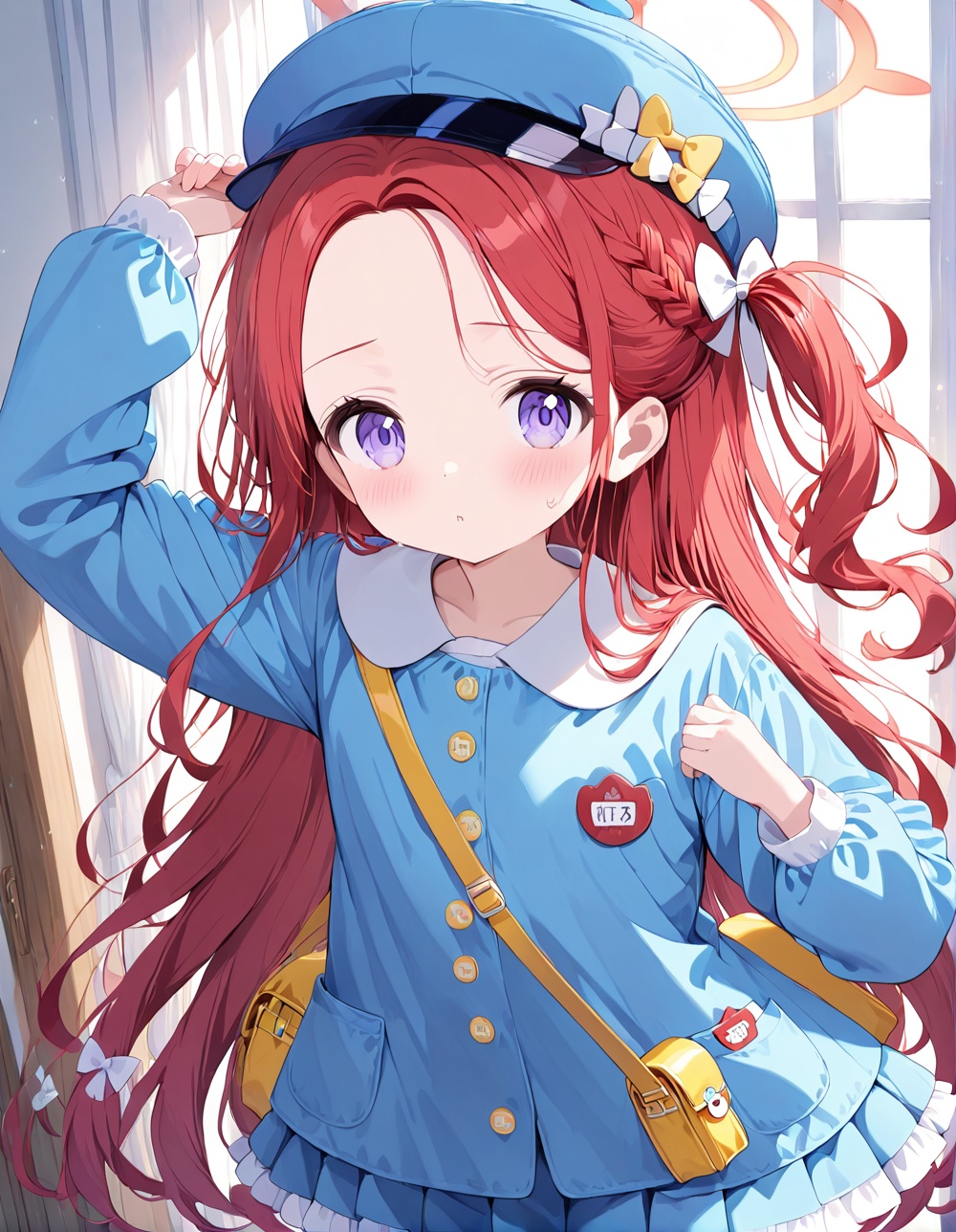 O,ultra detailed anime texture,1girl,solo,thighhighs,skirt,long hair,red hair,hat,puffy long sleeves,braid,blush,pleated skirt,forehead,white thighhighs,puffy sleeves,bag,halo,long sleeves,very long hair,blue headwear,looking at viewer,bow,blue skirt,hair bow,white bow,one side up,shoulder bag,parted lips,parted bangs,curtains,closed mouth,purple eyes,bangs,arm up,kindergarten uniform,hand up,sweat,blue eyes,