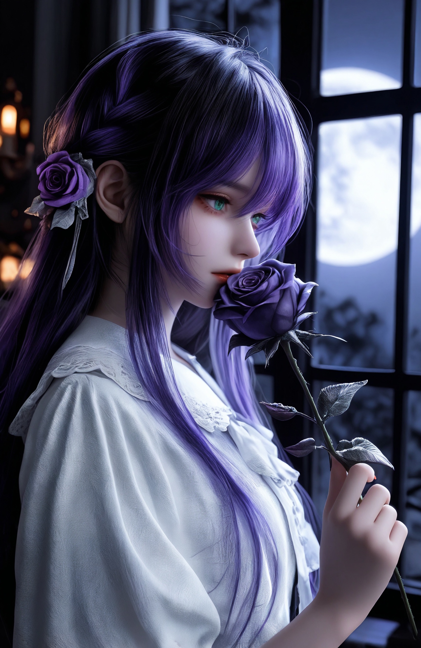 1girl, original, general, dark, moon, purple rose, holding flower, very awa