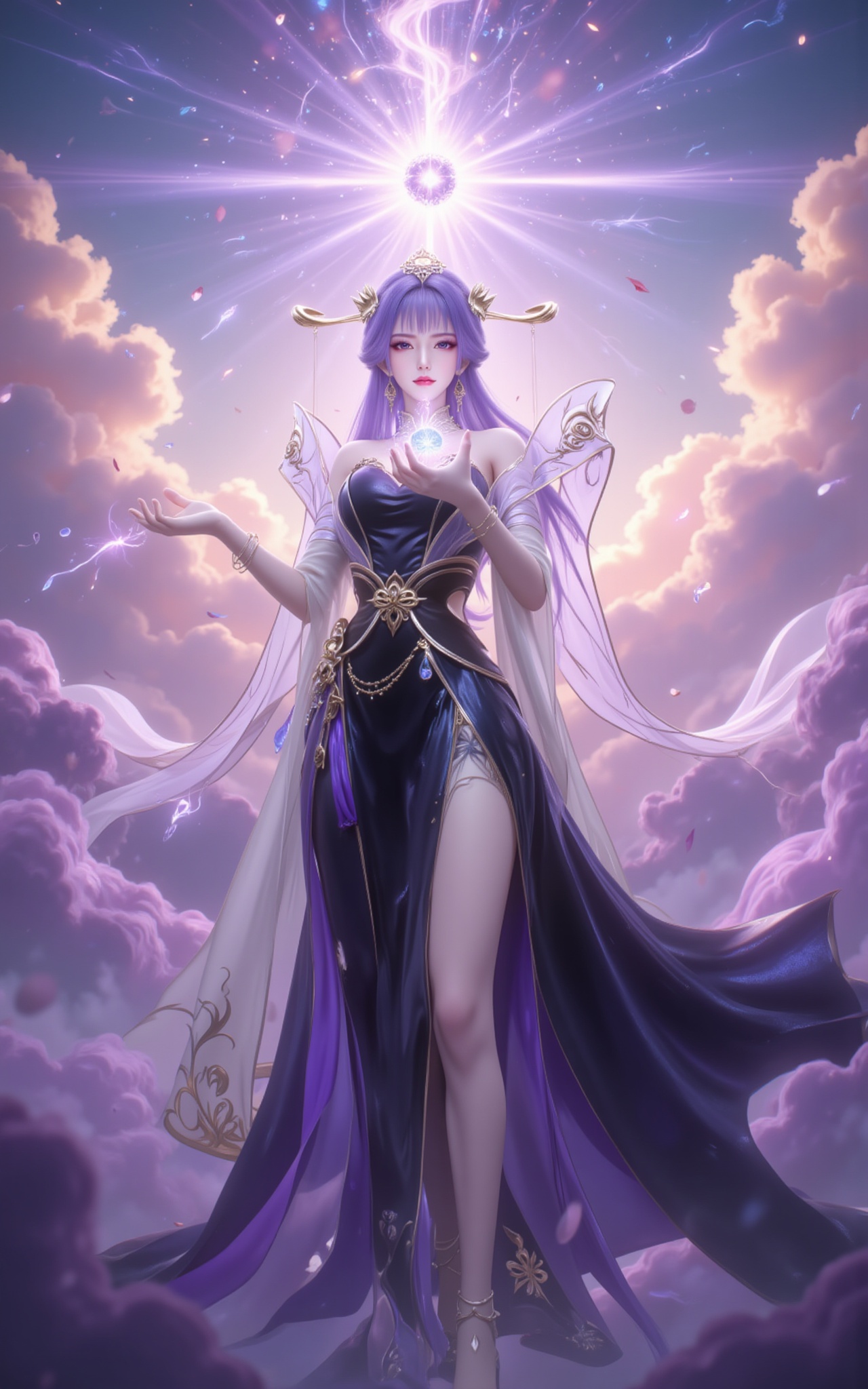<lora:天穹·8:1.1>,tianqiong,1girl,dress,solo,purple hair,purple eyes,hair ornament,long hair,bare shoulders,The dawn light fractures through the clouds,crowning her in divine amethyst radiance. Violet tresses cascade like nebulae,their diamond-studded ends scattering stardust with every movement. The lavish skirt blooms like midnight irises in the sea of clouds,while crystal heels suspend prismatic halos beneath her silk-stockinged legs.,Cupping a sphere of sunlight in her palms,she floats amidst swirling violet energy that weaves ancient runes in the air. Shot from a reverent low angle,the 8K resolution captures every exquisite detail—from the morning dew on her lashes to the hidden embroidery on her gown—transforming the scene into a living masterpiece.,cover,gradient background,close-up details,outstanding style,adding a touch of dimension to your images without compromising details,close-up,<lora:DJ滤镜_2.5D版:0.2>,lvjing,<lora:滤镜·绚丽多彩·再优化12:0.3>,lvjing,