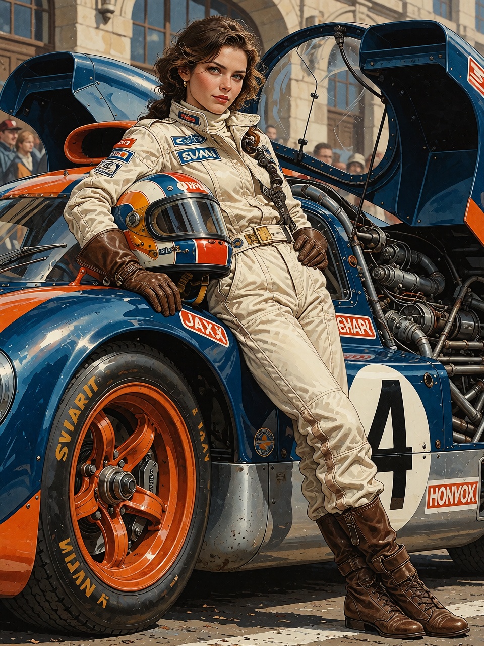 A fearless female racing driver leaning against a spectacular 1970s endurance racing car,  wearing an ivory racing suit wi...