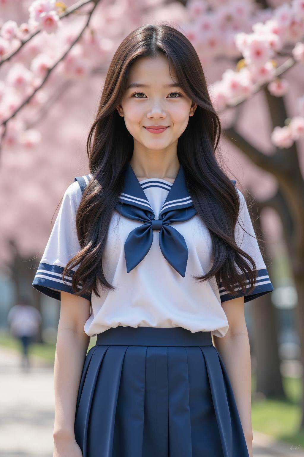 HDR photo of cinematic film still, young girl,school uniform,blue skirt,smile,solo,long hair,looking at viewer,peach tree,peach blossom,petals,closed mouth,