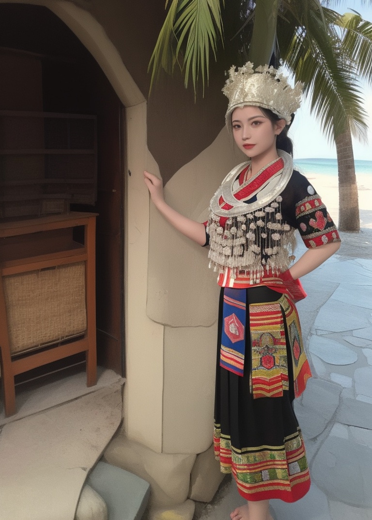 (masterpiece, best quality:1.4),finely detailed,1girl,solo,standing,dress,ethnic attire,hat,jewelry,skirt,outdoors,beach,palm_tree,<lora:海南黎苗族少女黎夏01 :0.8>,