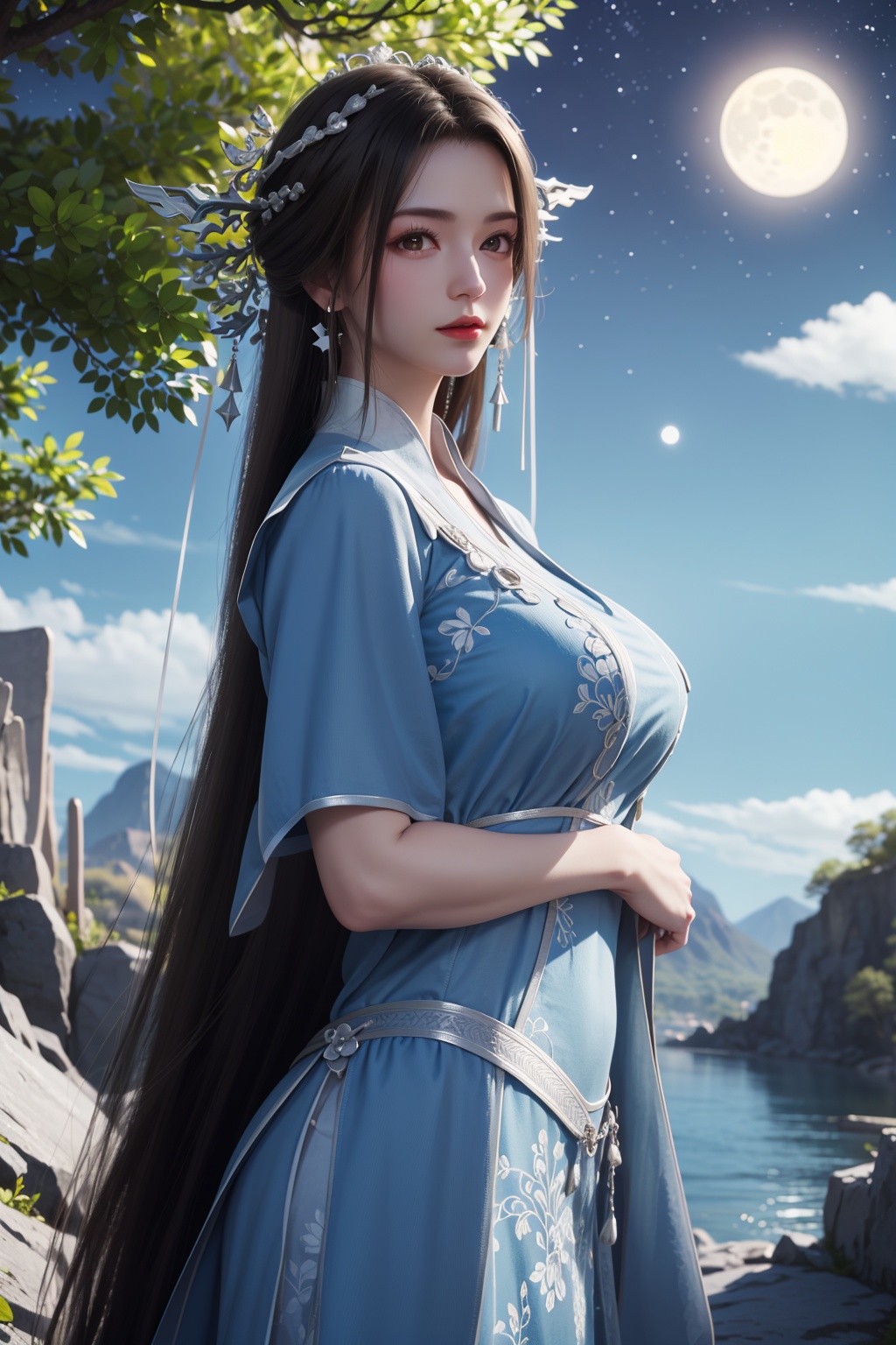 outdoors，(black hairs:1.2)，(large breasts:1.3)，flowers，floating hair，sky，rainbow,moon,sky,stars,(arms at sides:1.3),leaning，mountains，crystal，sea，desert，1girl, solo, earrings, brown hair,  jewelry, upper body, looking at viewer, dress, long hair, tree, hair ornament, outdoors, blurry, chinese clothes, sky, day, blue sky, blue dress，looking at viewer，closed mouth，<lora:dingdang-surou:0.55>