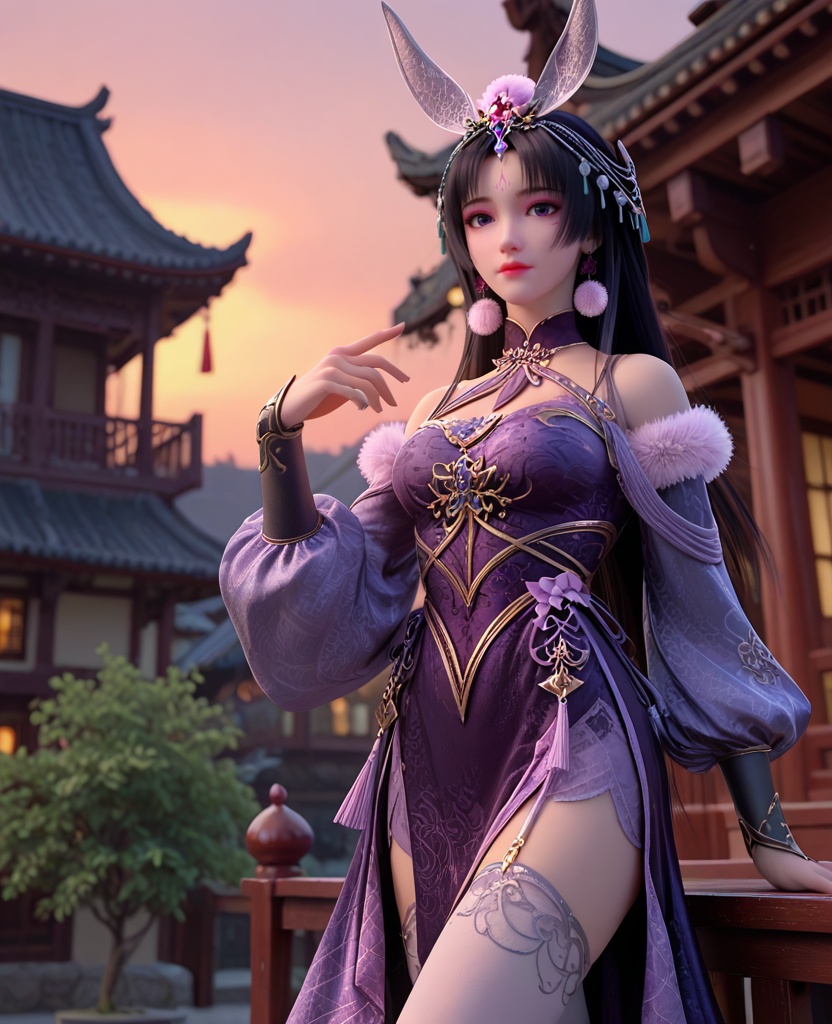(oriental architecture, elegant decor, sophisticated style:1.1),(balancing:1.1),(breasts:1.2),<lora:XL暗河传慕雨墨:0.85>,miss muyumo,purple halter dress,pom pom \(ornament\),rabbit ears hair ornament,jewelry,puffy long sleeves,forehead mark,fur trim,black hair,long hair,purple eyes,parted bangs,white thighhighs,, score_9,score_8_up,score_7_up,score_6_up,score_5_up,score_4_up,3d rendering,tag1,tag2, Cinematic Lighting,backlighting,