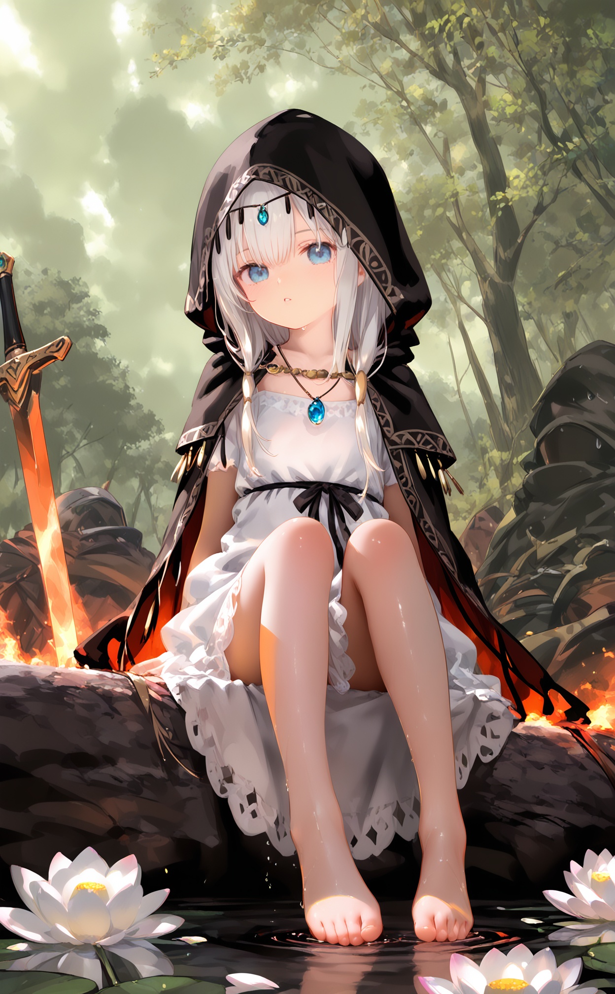 masterpiece,very aware,(highres),absurdres,newest,best quality,high quality,loli,petite,chromatic_aberration,//,loli,1girl,weapon,long_hair,blue_eyes,barefoot,soaking_feet,jewelry,water,sitting,flower,hooded_cloak,sword,necklace,dress,white_dress,cloak,hood,pendant,white_hair,black_cloak,black_ribbon,very_long_hair,looking_at_viewer,white_flower,petals,ribbon,lotus,hood_up,1boy,ripples,short_sleeves,full_body,1other,fire,parted_lips,feet,wet,hair_ornament,bare_legs,nature,falling_petals,tree,oily skin,shiny skin,//,//,<lora:nai4zhengliu——【noob】hans:1>,