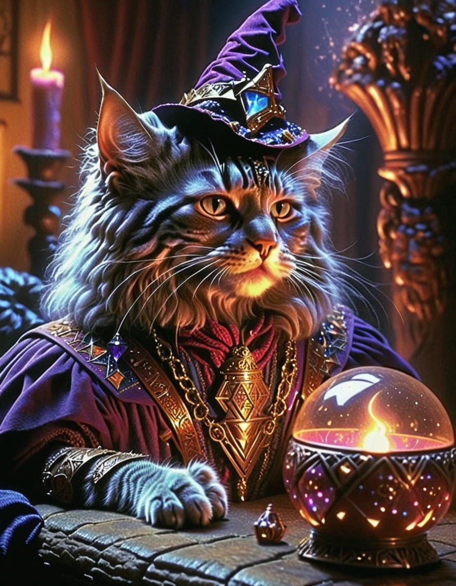 cinematic still 80sdarkfantasylora,  1cat,  wizard . emotional on Tensor.Art