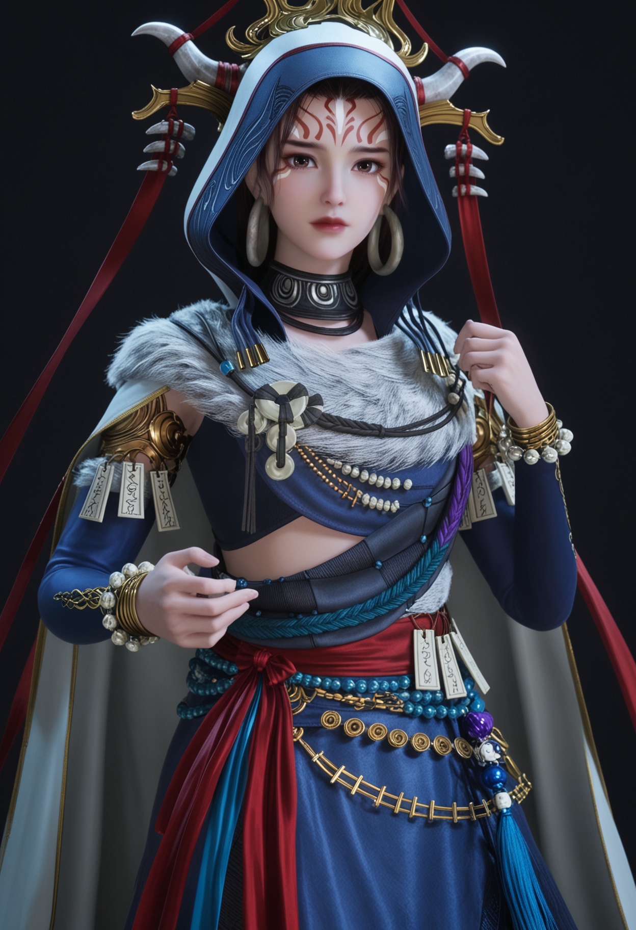 (looking_at_viewer:1.2),upper_body,<lora:YQ_pony_houtuniangniang_V4:0.8>,q1528437228,solo,1girl,jewelry,hood,forehead mark,bracelet,hood up,earrings,horns,cape,cloak,black hair,brown hair,long sleeves,necklace,brown eyes,hoop earrings,fur trim,short hair,detached sleeves,black eyes,beads,dress,sash,long hair,robe,blue dress,belt,collar,long skirt,(simple background,pure black background,black background:1.1),perfect_anatomy,