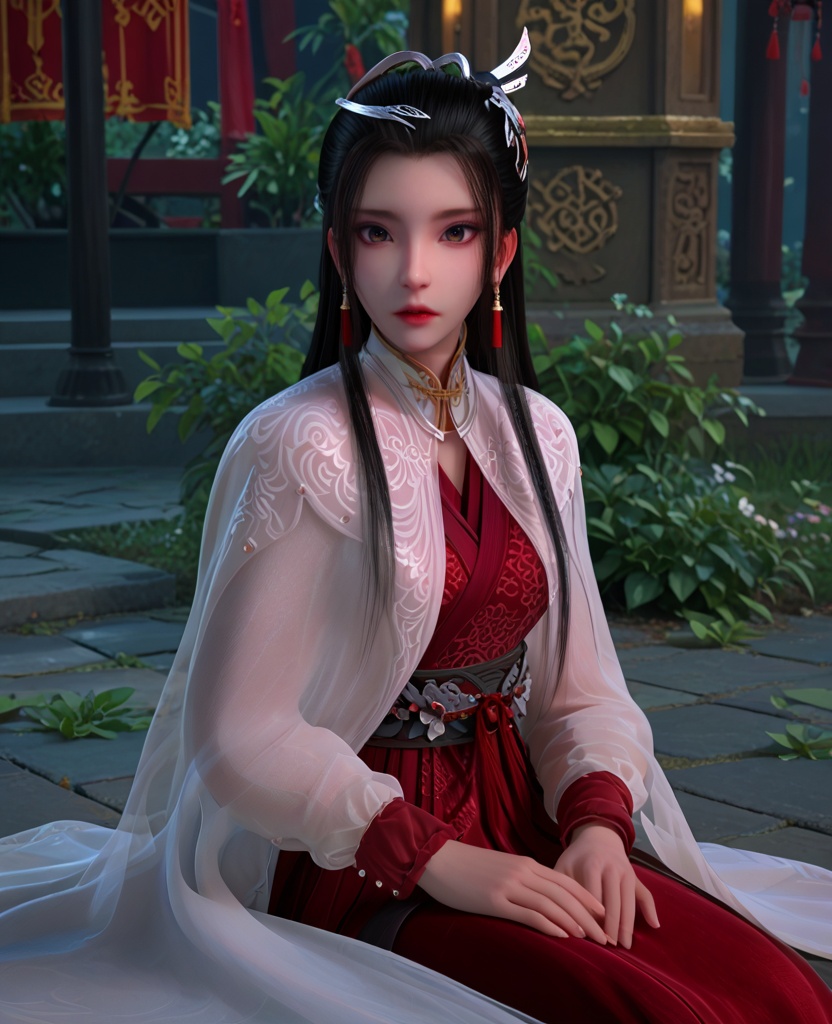 (oriental architecture, elegant decor, sophisticated style:1.1),(Sitting on the ground with legs spread wide, looking surprised:1.1),(breasts:1.2),<lora:XL少年白马晏琉璃:0.95>,miss yanliuli,white cape with red dress underneath,brown eyes,hair ornament,earrings,black hair,hanging hair,long hair,sash,long sleeves,white cape,see-through silhouette,, score_9,score_8_up,score_7_up,score_6_up,score_5_up,score_4_up,3d rendering,tag1,tag2, Cinematic Lighting,backlighting,