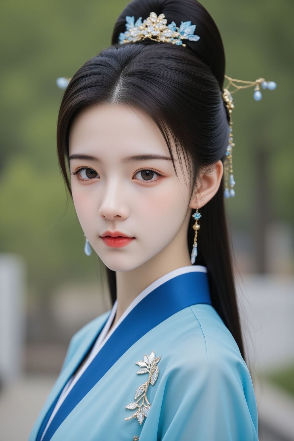 cinematic photo 1girl, teenage, jewelry, long hair, earrings, solo, closed mouth, black hair, brown eyes, looking at viewer, blue chinese clothes, outdoors,