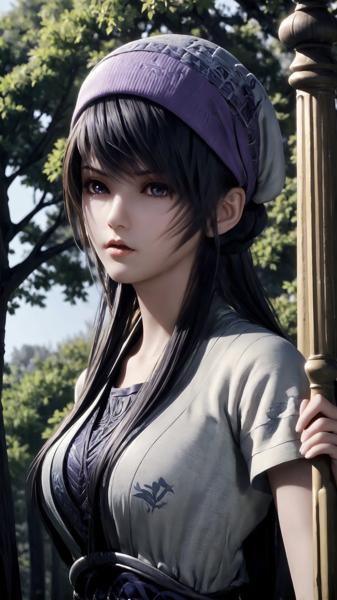 The image is a close-up portrait of a young woman with dark hair and a purple hat. She is wearing a black and gold outfit with intricate patterns and designs. The woman is holding a sword in her right hand and appears to be ready for battle. She has a serious expression on her face and is looking directly at the camera. The background is blurred,but it seems to be an outdoor setting with trees and a blue sky. The overall mood of the image is intense and dramatic.,<lora:1.5端木蓉(3):0.8>,