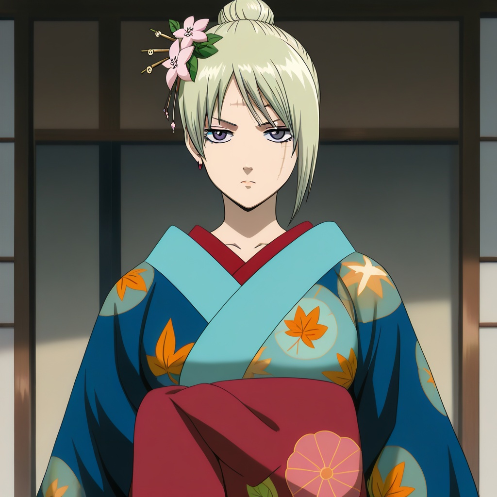 masterpiece, best quality,  Tsukuyo,Gintama_anime_style, blonde_hair,purple eyes,scar,ninja,scar on forehead,scar on face, folded ponytail, kiseru, scar on cheek,hair bun,bangs,pattern on kimono,wide sleeves,hakama skirt, leaf print, print kimono, long sleeves, collarbone, floral print, jewelry, hair flower, earrings, sash,kimono,japanese clothes,hair stick,hair_ornament,blue_kimono<lora:月咏-死神太夫-ill:0.8>