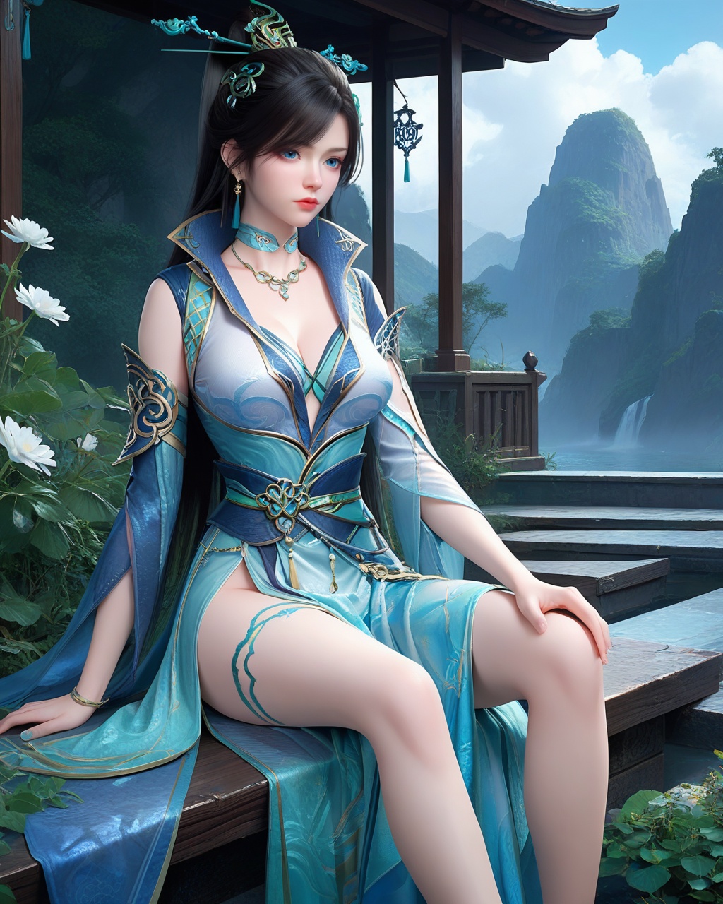 score_9,score_8_up,score_7_up,1girl,long hair,breast,medium breast,earrings,hair_ornament,dress,high quality,thick_thighs,outdoors,sitting,gaden,flower,<lora:wy_qinglin_XL7.0:0.8>,black hair,blue eyes,