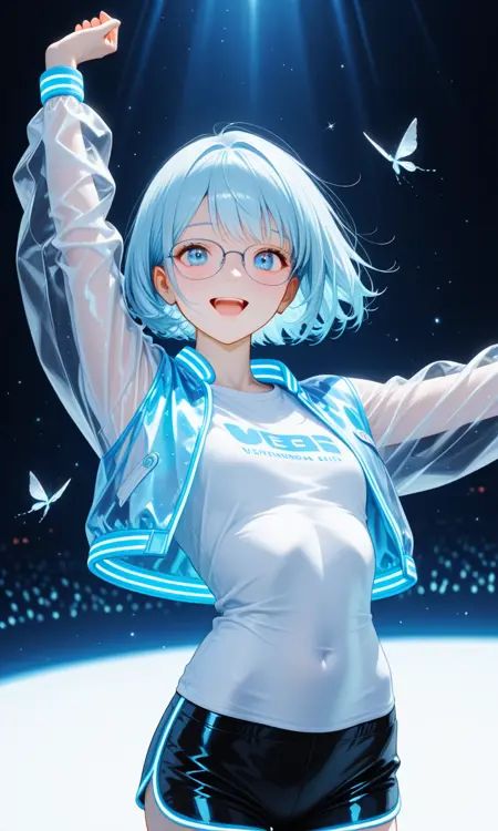 sharp focus, smile, open mouth, ultra detailed lips, ultra detailed face and hair,kawaii, adorable, cute,(theme is A cyberspace in future), (background is A cyberspace where countless light and light particles fly around)headshot, loving smile, dancing, spread arm,(she is wearing a sheer, transparent, neon blue and white futuristic sparkling cyber jacket and cyber digital t-shirt and extreme low-rise cyber shorts),cyber girl, (light blue hair), short cut hair, slim body, healthy body, clear blue eyes, glasses,BREAK, volumetric lighting, copi-chan, (light blue hair), short cut hair, slim body, healthy body, clear blue eyes, glasses,, masterpiece, amazing quality, very aesthetic, high resolution, ultra-detailed, absolute, newest,2d, semi-realistic, moe heroine, sharp focus,, anime style, anime color, anime artwork, anime, cel anime, flat color,