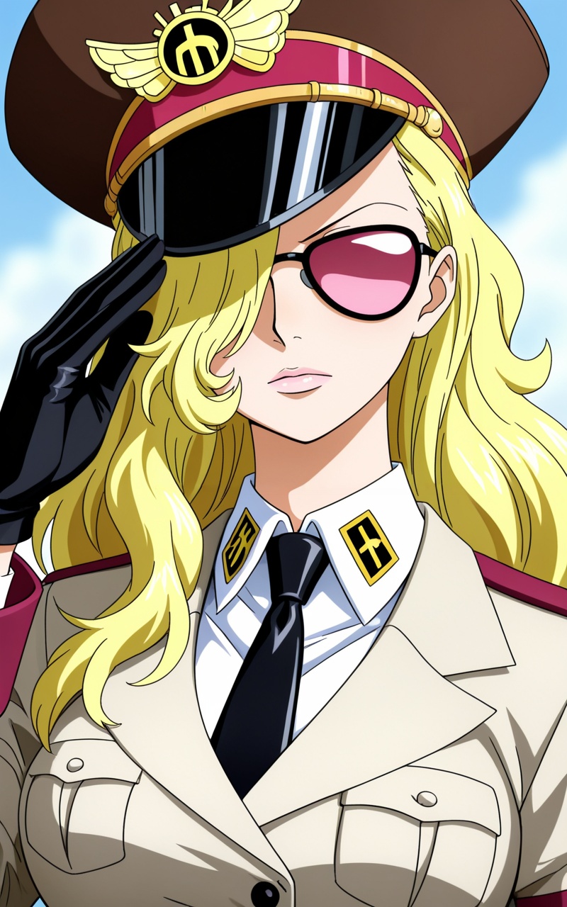 <lora:多米诺-000006:0.7>,Dominic Domino one piece,Dominic Domino\(one piece\),hat,blonde hair,1girl,solo,long hair,gloves,necktie,uniform,sunglasses,military uniform,military,parody,black necktie,peaked cap,hair over one eye,military hat,depth of field,masterpiece,best quality,very aesthetic,alternate costume,alternate costume,2024,2023,perfect composition,ultra-detailed,extreme aesthetic,masterpiece,best quality,good quality,newest,year 2024,year 2023,very aesthetic,absurdres,looking_at_viewer,colorful,