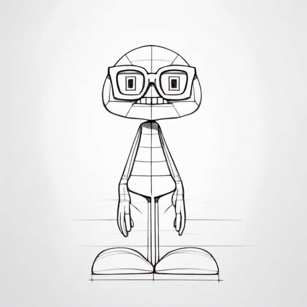 ipsketch(style), black and white line drawing, solo, standing posture, monochrome, looking at the audience from the front, The head to body ratio is 1:2, wearing love glasses, showing teeth, geometric head, cartoon Figure, upright posture, thin arms and legs, simple lines, white background.<lora:ip sketch_V3XL-000004:0.7>,