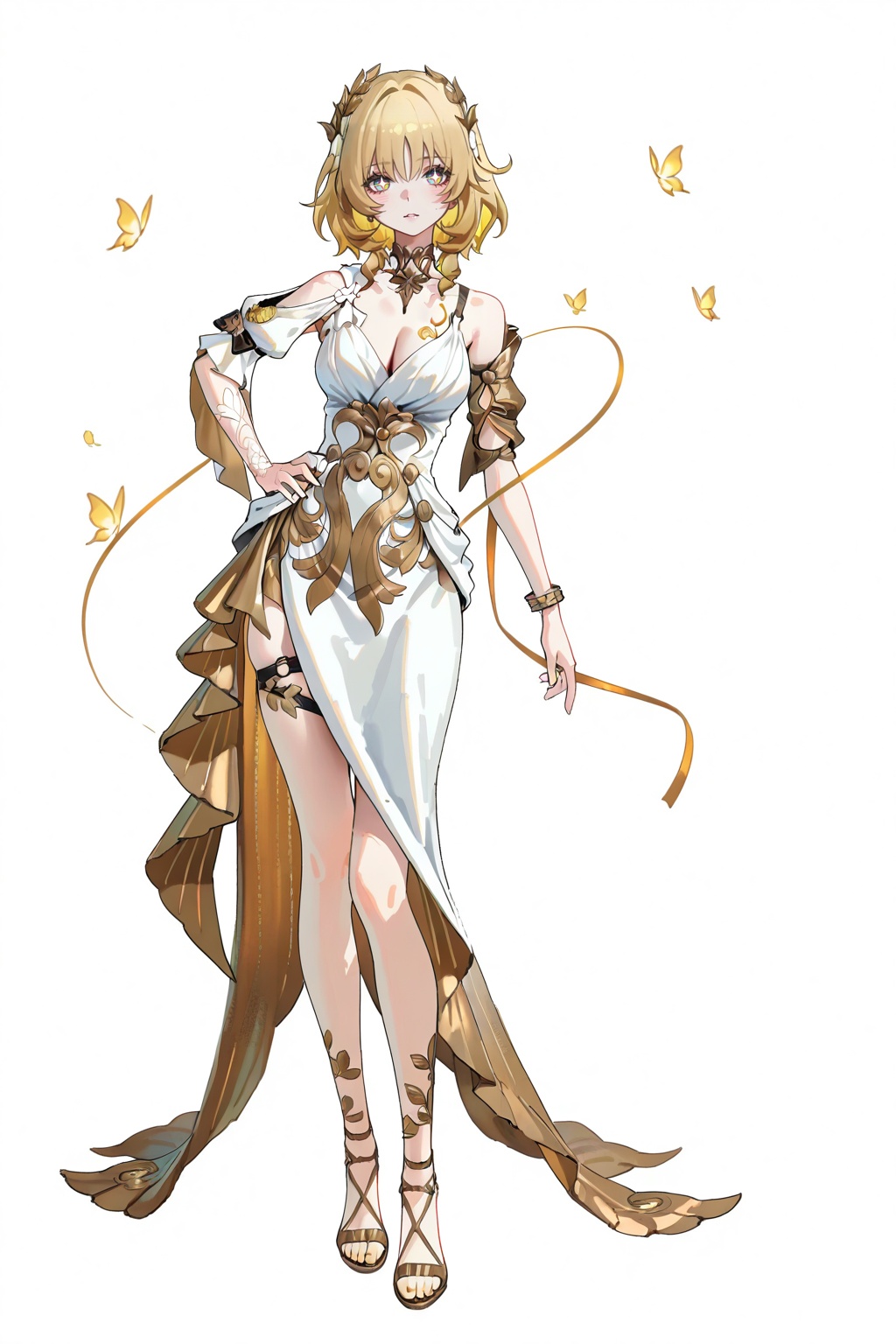 8k,best quality,masterpiece,(ultra-detailed),(high detailed skin),safe_pos,masterpiece,absurdres,newest,iumu,shinanoya \(satanicad\),jima,(whitebc:0.75),reoen,(healthyman:0.5),yoshinari you,(sparkling eyes:1.2),by Wlop and Ilya Kuvshinov style,cel-shading with soft gradients,cinematic composition,depth of field,(lens flare:0.7),(light bloom:1.1),(subtle film grain:0.5),pastel color palette,(fkey:0.6),(fuzichoco:0.6),impasto,full body,full shot,standing,looking at viewer,(solo:1.2),simple background,(white background:1.2),hand on own hip,(white background:1.1),<lora:Aglaea-IL-Tanger:0.8>,Aglaea \(Honkai: Star Rail\), clothes: Aglaea def white dress, 1girl, blonde hair, breasts, cleavageA full-body portrait of a young girl,standing gracefully,pastel art style,high-key lighting,shoujo manga influence,hd quality,delicate details,