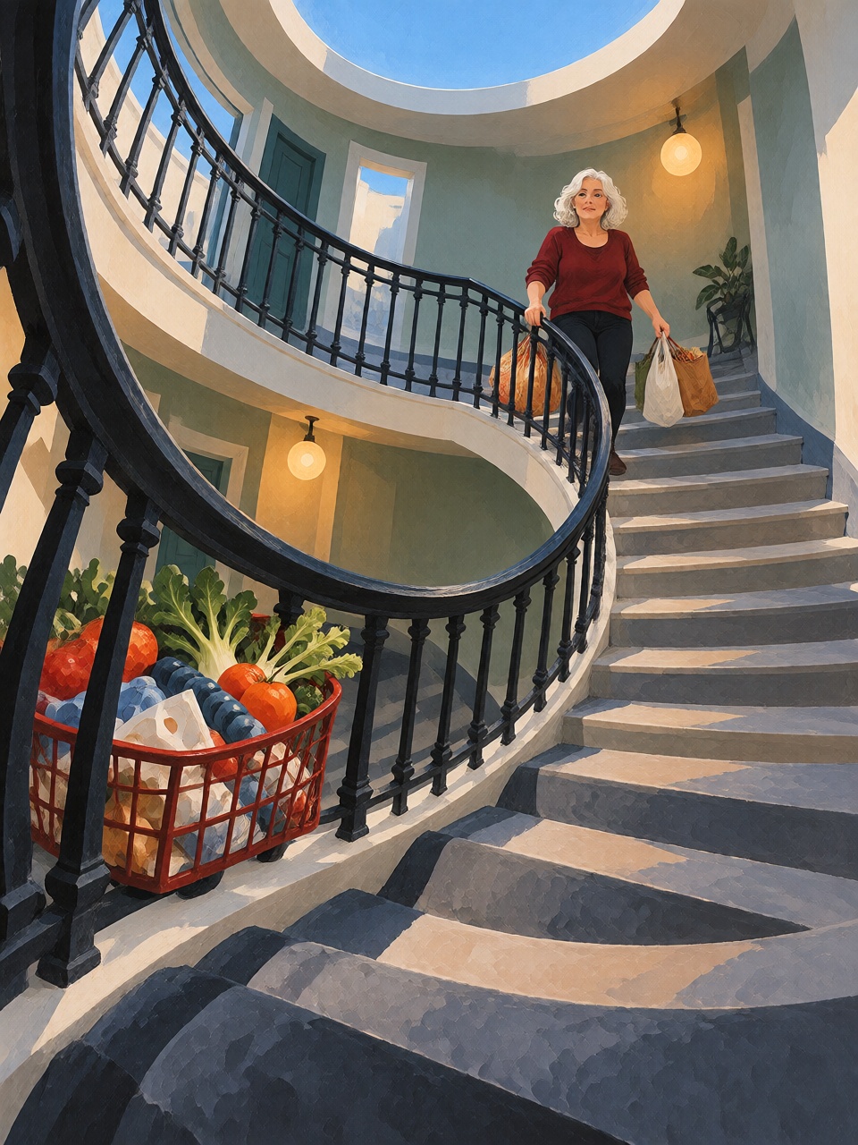 A staircase landing inside an apartment block,  a woman paused halfway up the stairs carrying grocery bags,  banister and...