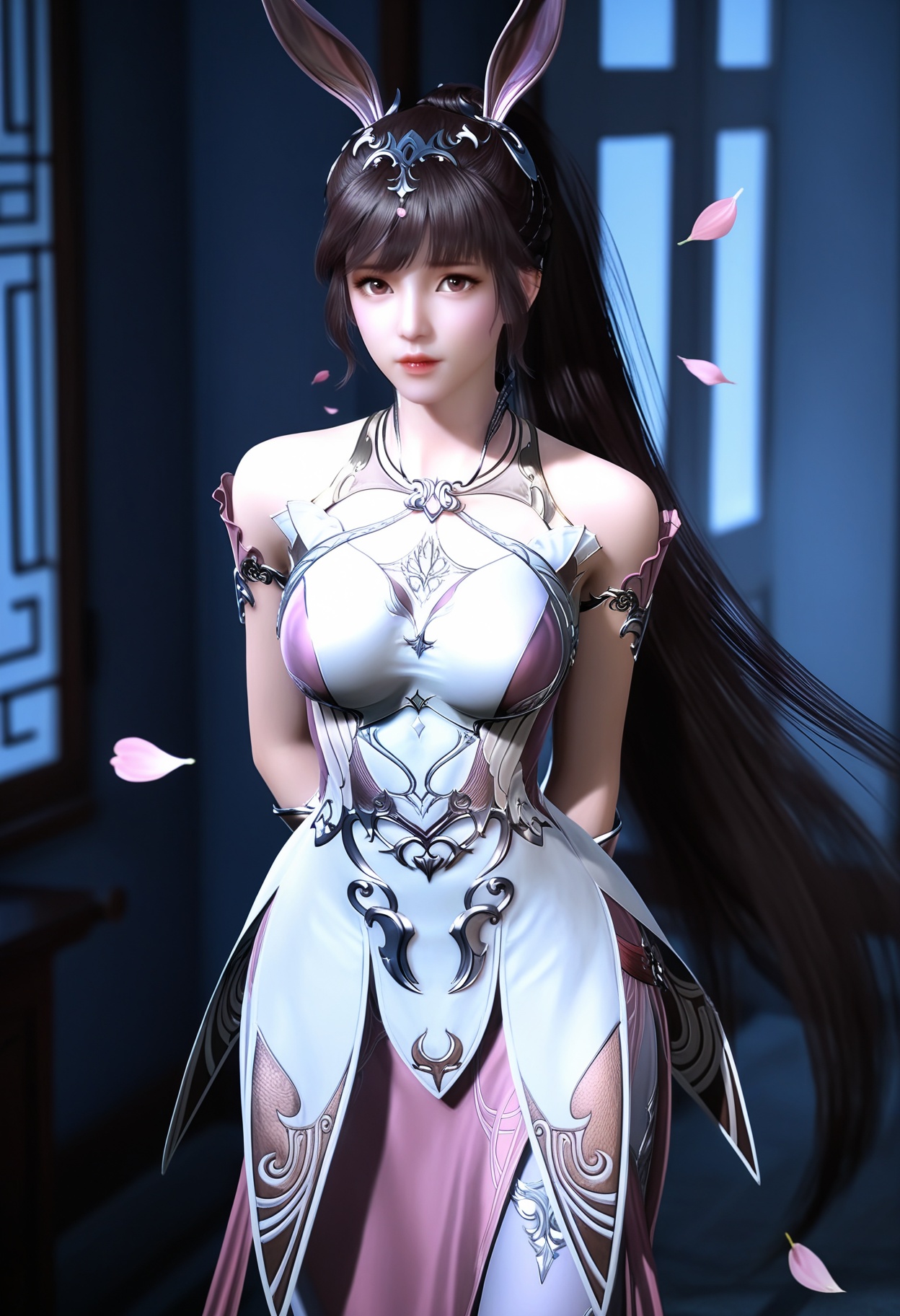 masterpiece,best quality,amazing quality,high resolution,ultra-detailed,absurdres,(looking at viewer:1.1),upper body,(Dark room:1.3),(moody lighting:1.1),peach blossom,falling petals BREAK large breasts,xiaowu,1girl,solo,brown hair,long hair,brown eyes,dress,rabbit ears,ponytail,hair ornament,pink dress,metal collar,necklace,realistic,bare shoulders,jewelry,collar,pantyhose,high heels,arms_behind_back BREAK photorealistic details,<lora:QQSillxiaowuV1:0.8>,