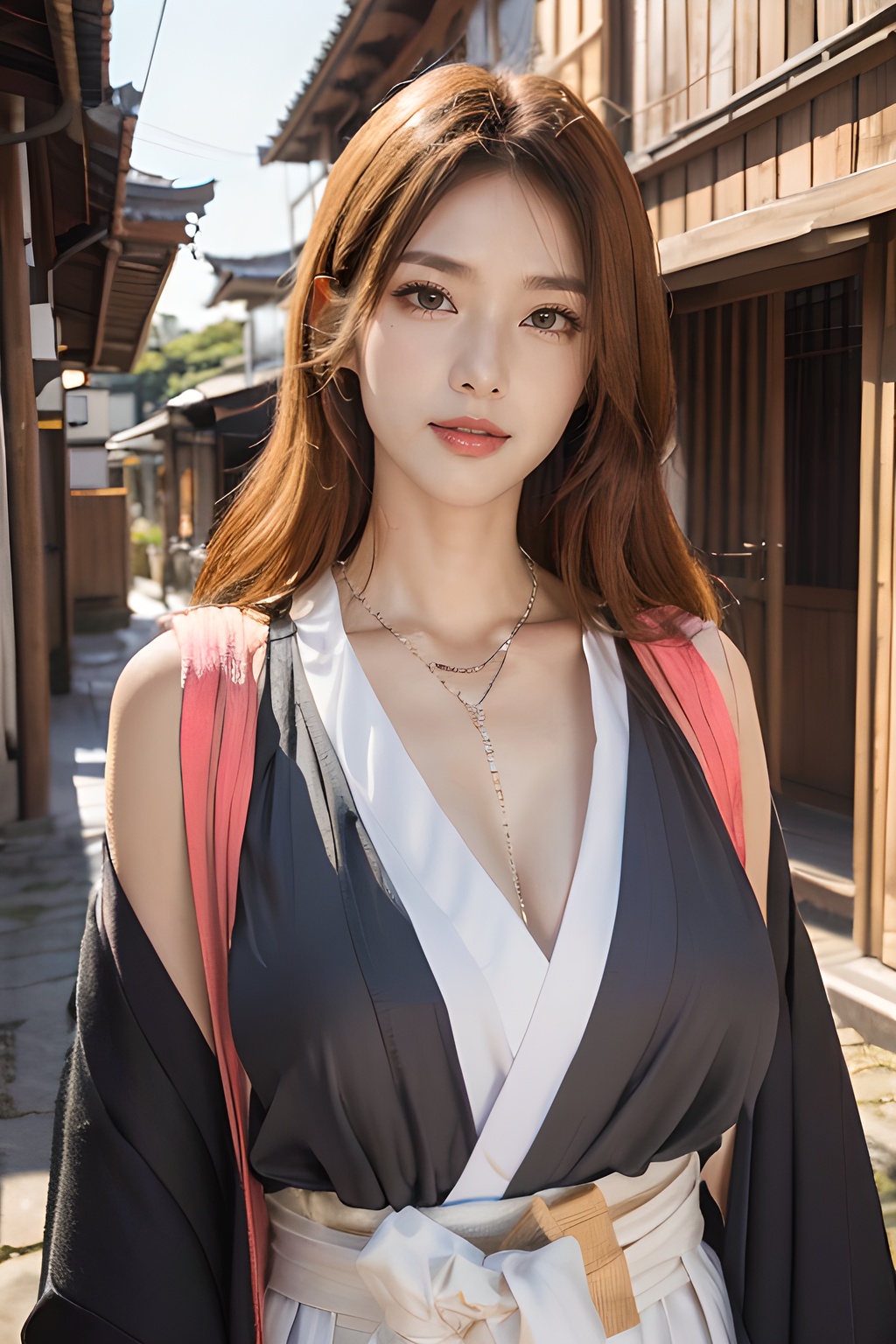 1girl,matsumoto rangiku,solo,outdoors,looking at viewer,lips,smile,(Best quality,Masterpiece,Highly detailed,Ultra-fine painting,Extreme detail description,Professional,Vivid colors,Photography,8K),upper_body,eyewear,lips,mole under mouth,delicate skin,(blush:0.5),<lora:20250407-1744008667284:0.7>,alley,black kimono,necklace,belt,